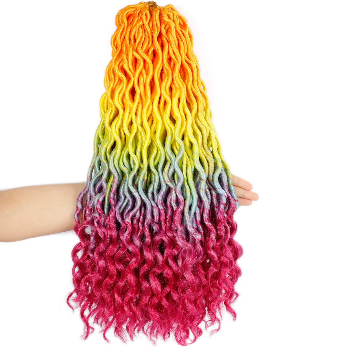 5Pack Rainbow Wavy Faux Locs Braids Crochet Hair 20inch Goddess Locs with Curly Ends Synthetic Crochet Twist Braiding Hair Extensions (Rainbow#,500g/Lot)