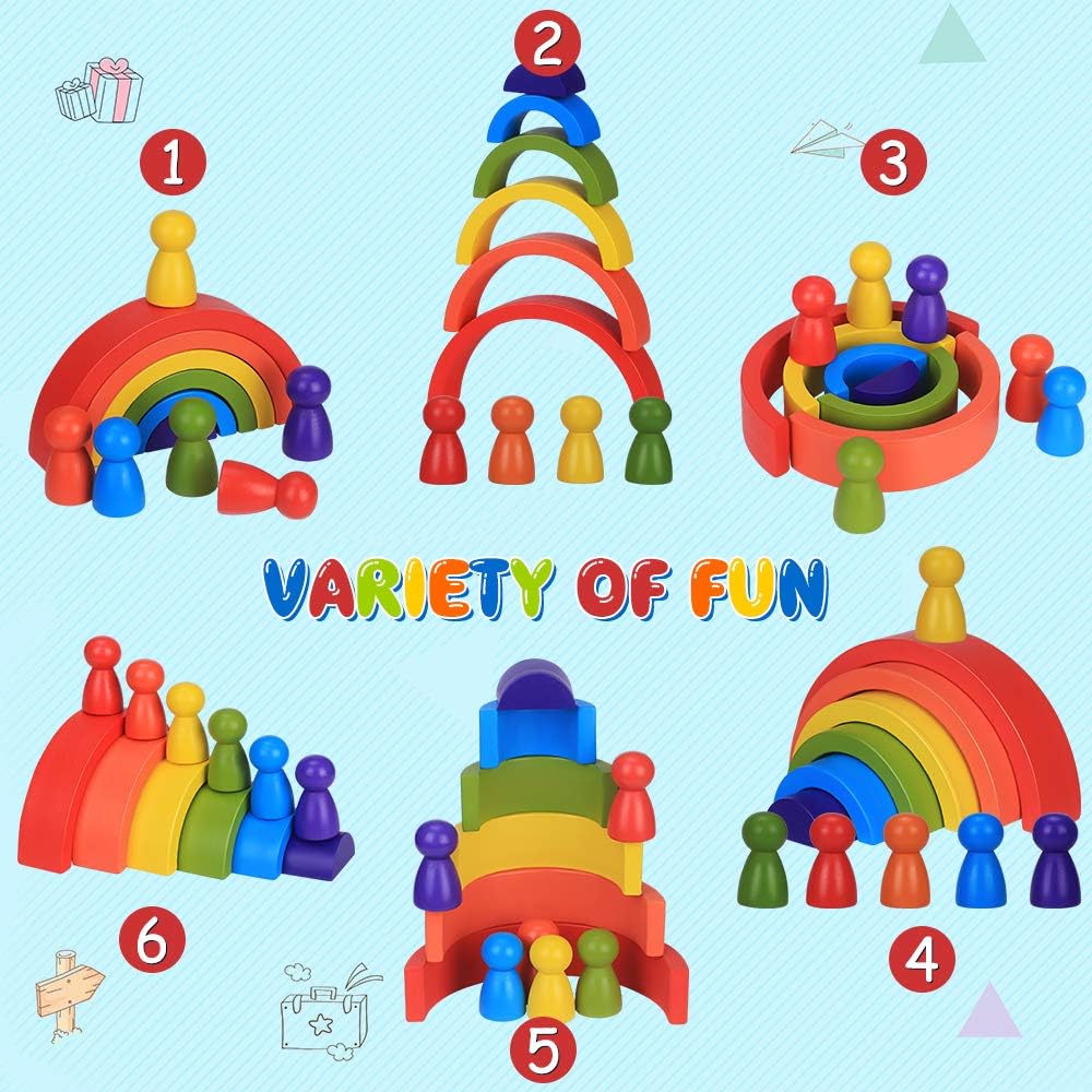 Wooden Rainbow Blocks, 6 Pieces Montessori Educational Toy Building