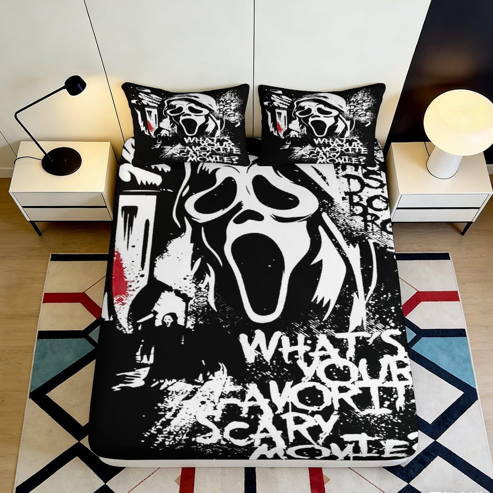K1r3d9e5 Style-5 3D Printed Horror Scream Fitted Sheet Microfiber Black White Ghost Face Bed Cover For Bedroom Dorm Easy Care 90X200x25cm