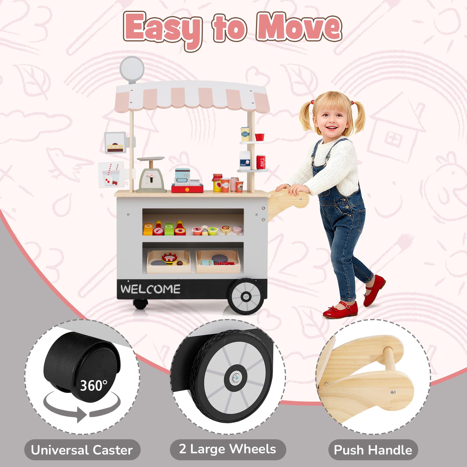 HOMASIS Negozio Giocattolo per Bambini in Legno, Carrello Educativo con Tetto, Supermercato Giocattolo per Bambini con Registratore di Cassa, Negozio di Alimentari per Bambini dai 3+ Anni (Grigio)