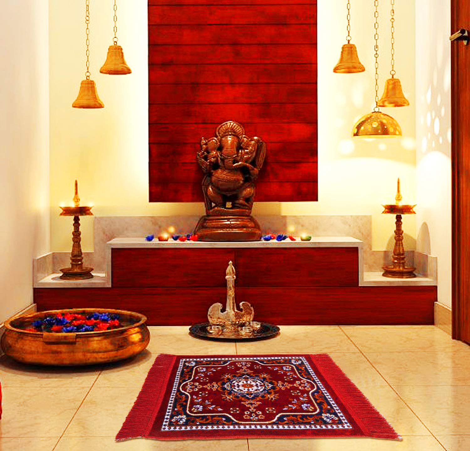 Kuber Industries 4 Pieces Velvet Prayer Mat/Aasan/Pooja Mat/Meditation Mat/Multipurpose Velvet Rug Mat 2 Ft X 2 Ft (Red) CTKTC33935