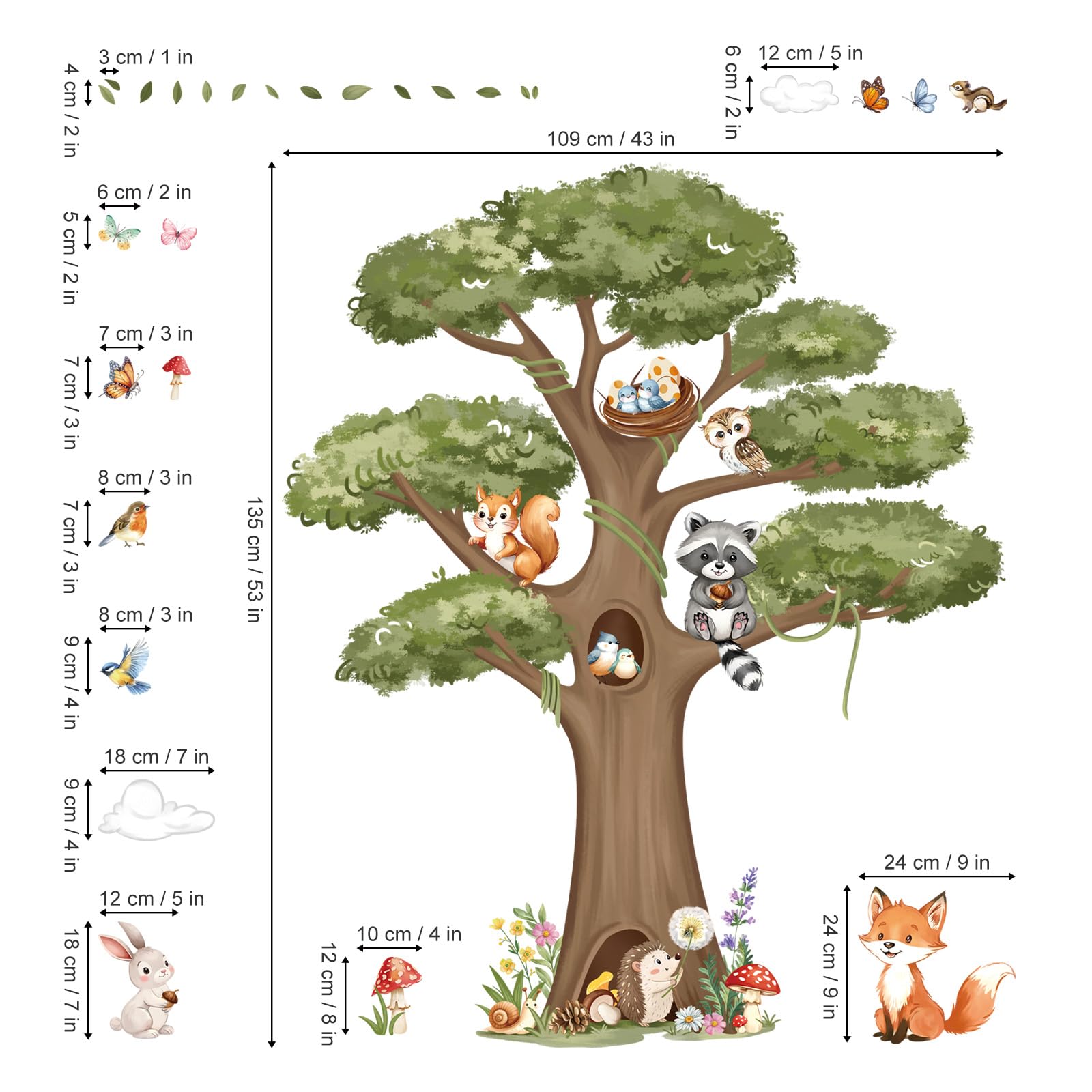 decalmile Woodland Animals Large Tree Wall Stickers Forest Animal Fox Rabbit Hedgehog Wall Decals Kids Room Baby Nursery Bedroom Wall Decor - Image 4