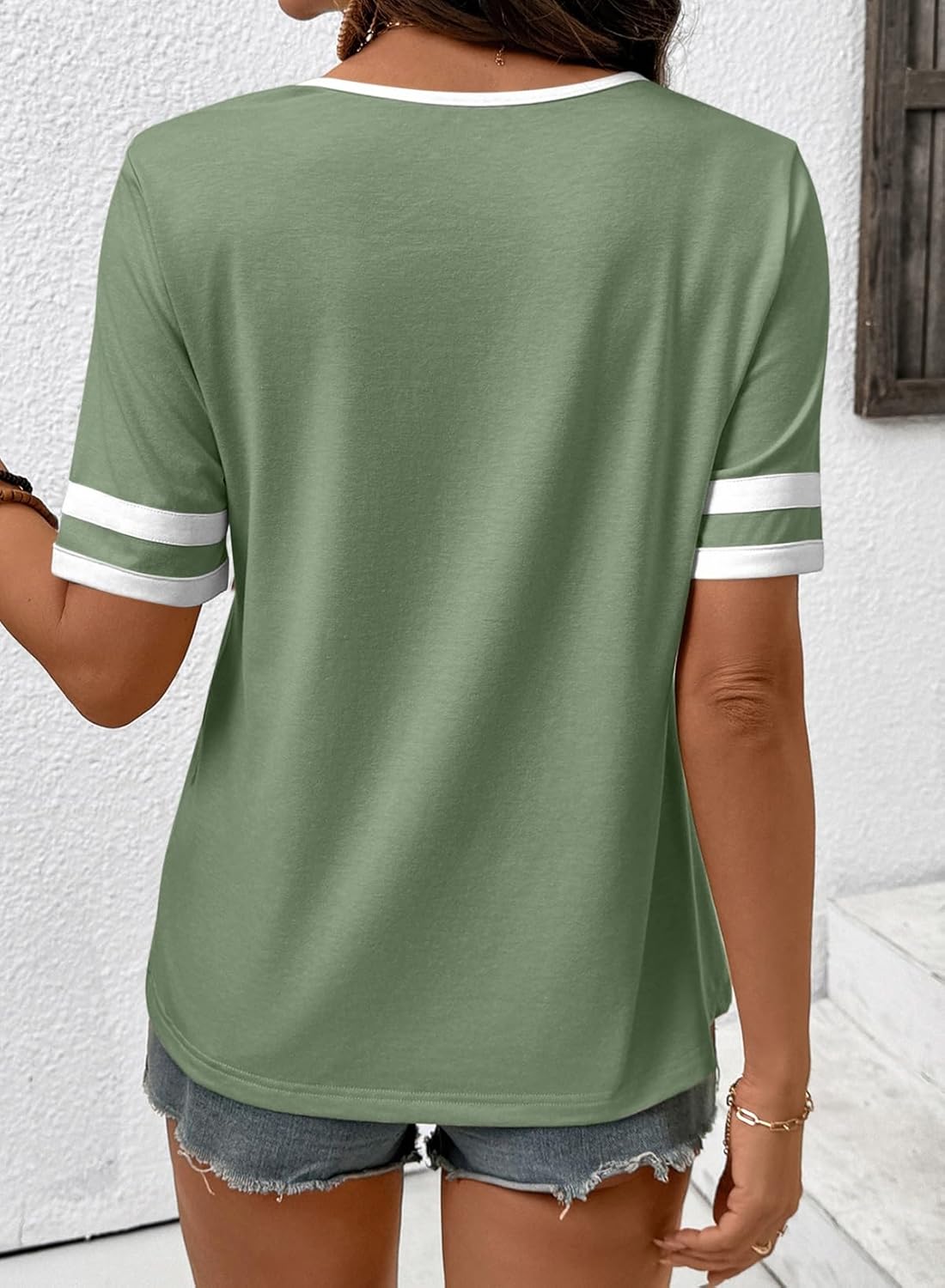 SHEWIN Women's Summer Tops V Neck Short Sleeve T-Shirts Colorblock Casual Tees 2026 Clothes - Image 5