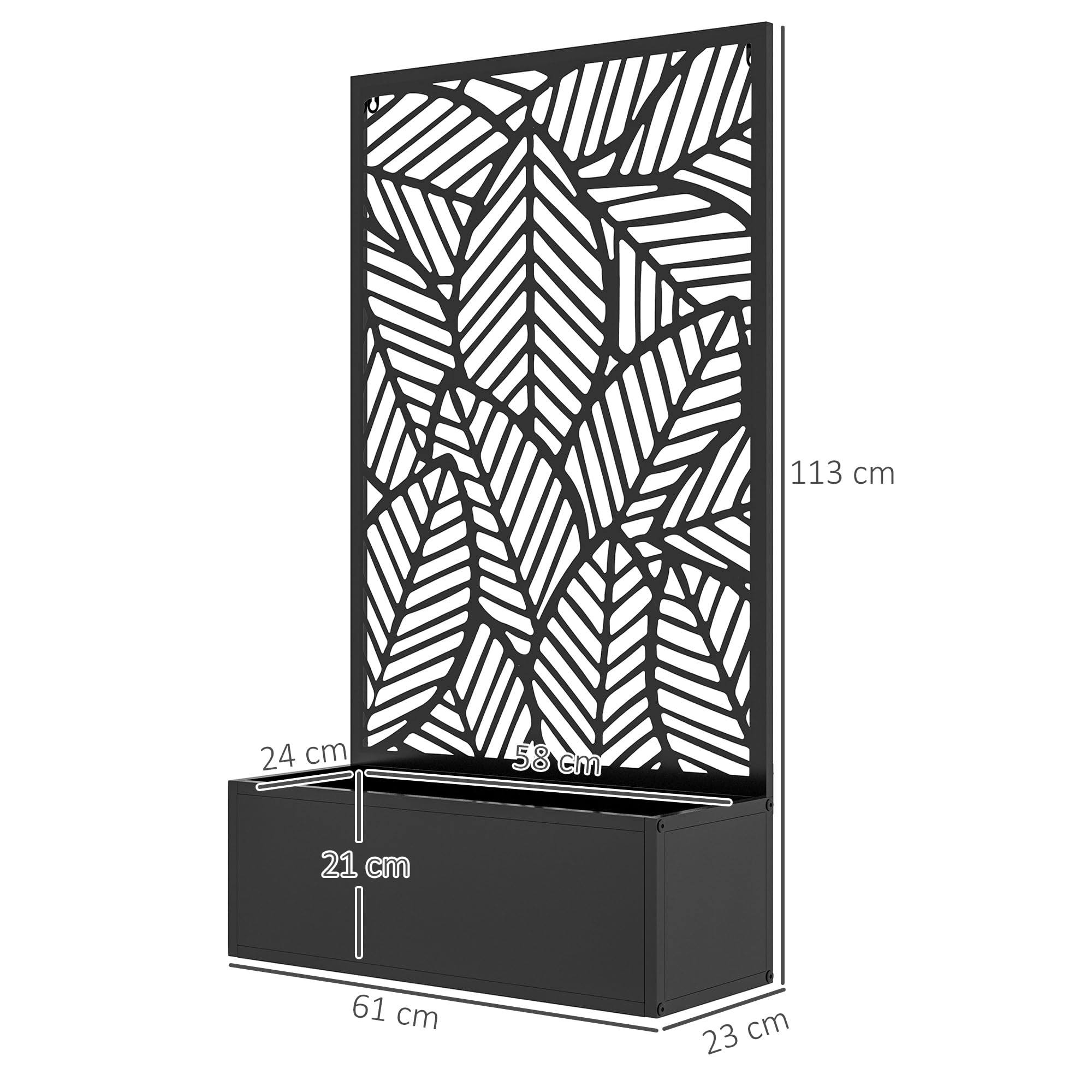 Outsunny Jardinera Exterior Grande de Metal Jardinera con Pantalla de Privacidad de Hojas Decorativas Jardinera de Pared o Independiente para Patio Terraza 61x23x113 cm Negro