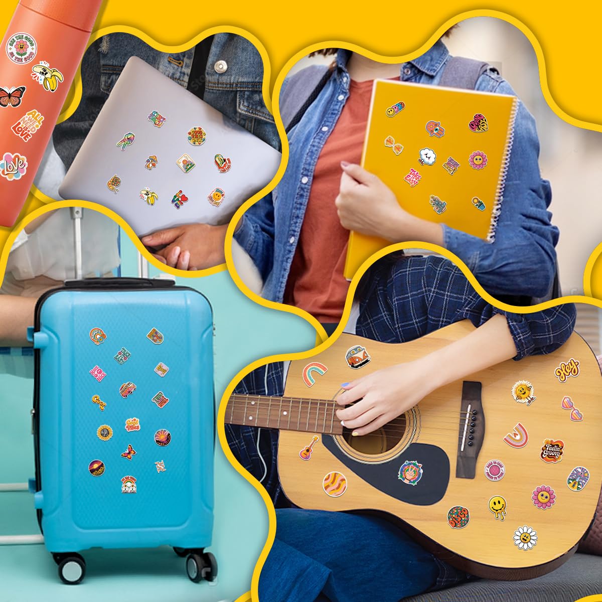 100 adesivi hippie, Groovy anni '70, adesivi retrò hippy in vinile impermeabile, perfetti per custodie di telefono, laptop, bagagli, feste di compleanno, picnic e decorazioni quotidiane