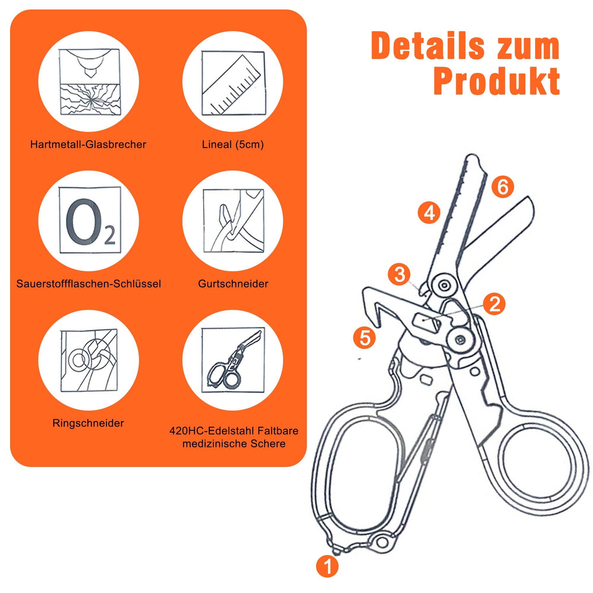 6-in-1 Rettungsschere mit Holster: Faltbare Kleiderschere Rettungsdienst Schere aus Edelstahl mit Gurtschneider und Glasbrecher für Outdoor-Camping Notfallaufgaben