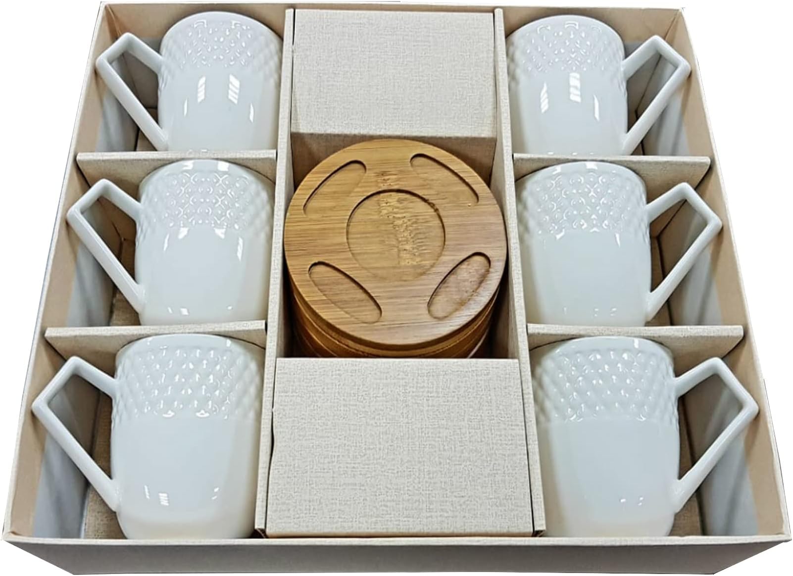 Fine Porcelain Wooden Saucer and Tea Cup Set 12-Pieces, White/Brown