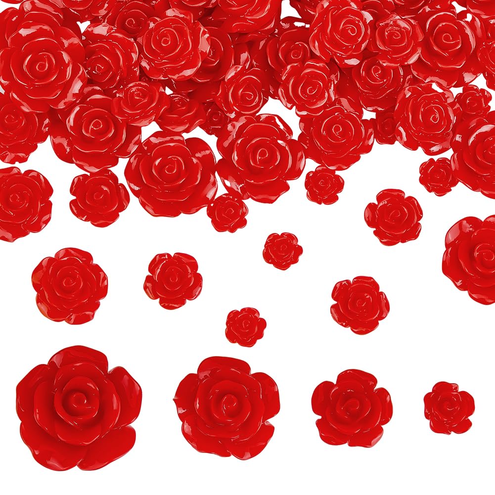 PH PandaHall 80pcs 4 Sizes Resin Rose Cabochons, Red Rose Cabochons Opaque Flower Flatback Cabochons Undrilled Rose Beads for Jewelry Making Scrapbooking Hair Clip Crafts, 22/18/14.5/9.5mm
