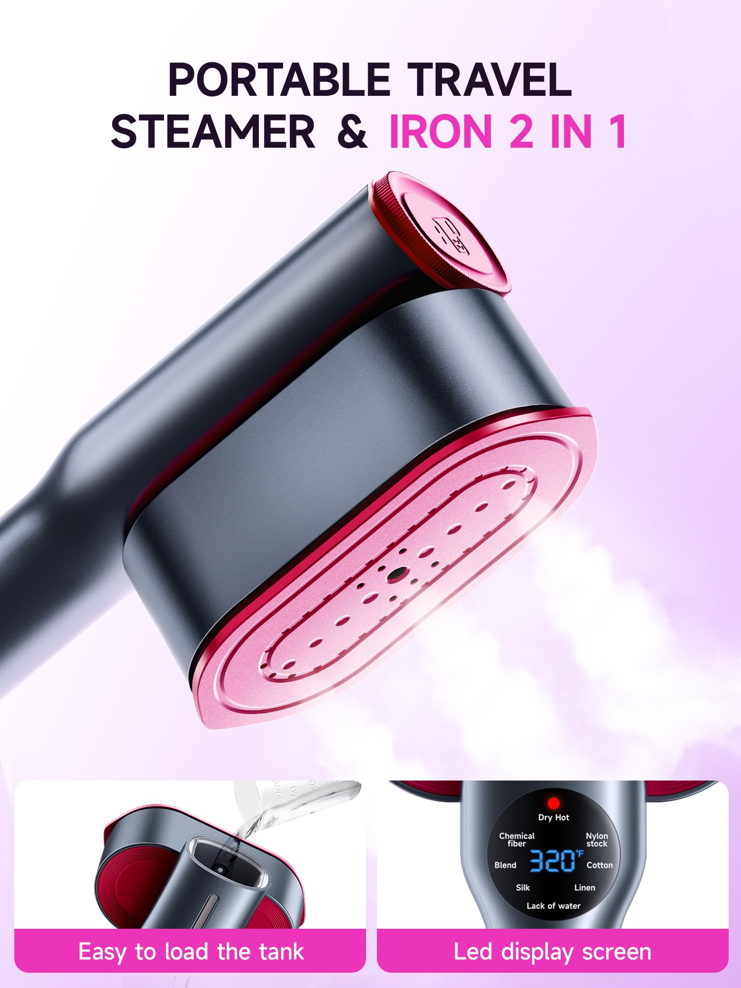 Vaporizador y plancha 2 en 1 para ropa, 15s de calentamiento rápido 1200 W, vaporizador portátil de mano, tamaño de viaje con gran panel de calor de cerámica, eliminación rápida de arrugas 3
