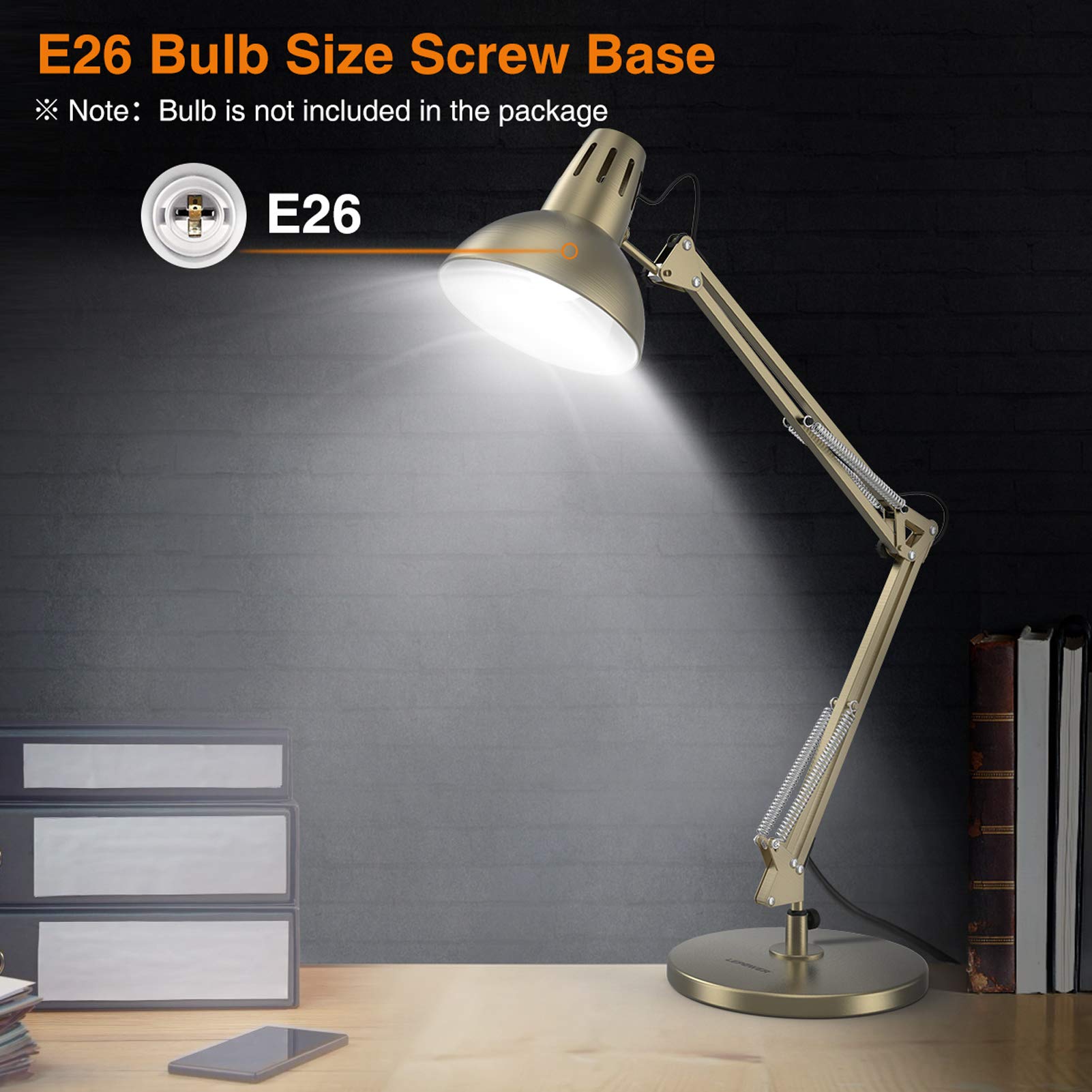 LEPOWER Metal Desk Lamp, Adjustable Goose Neck Architect Table Lamp with On/Off Switch, Swing