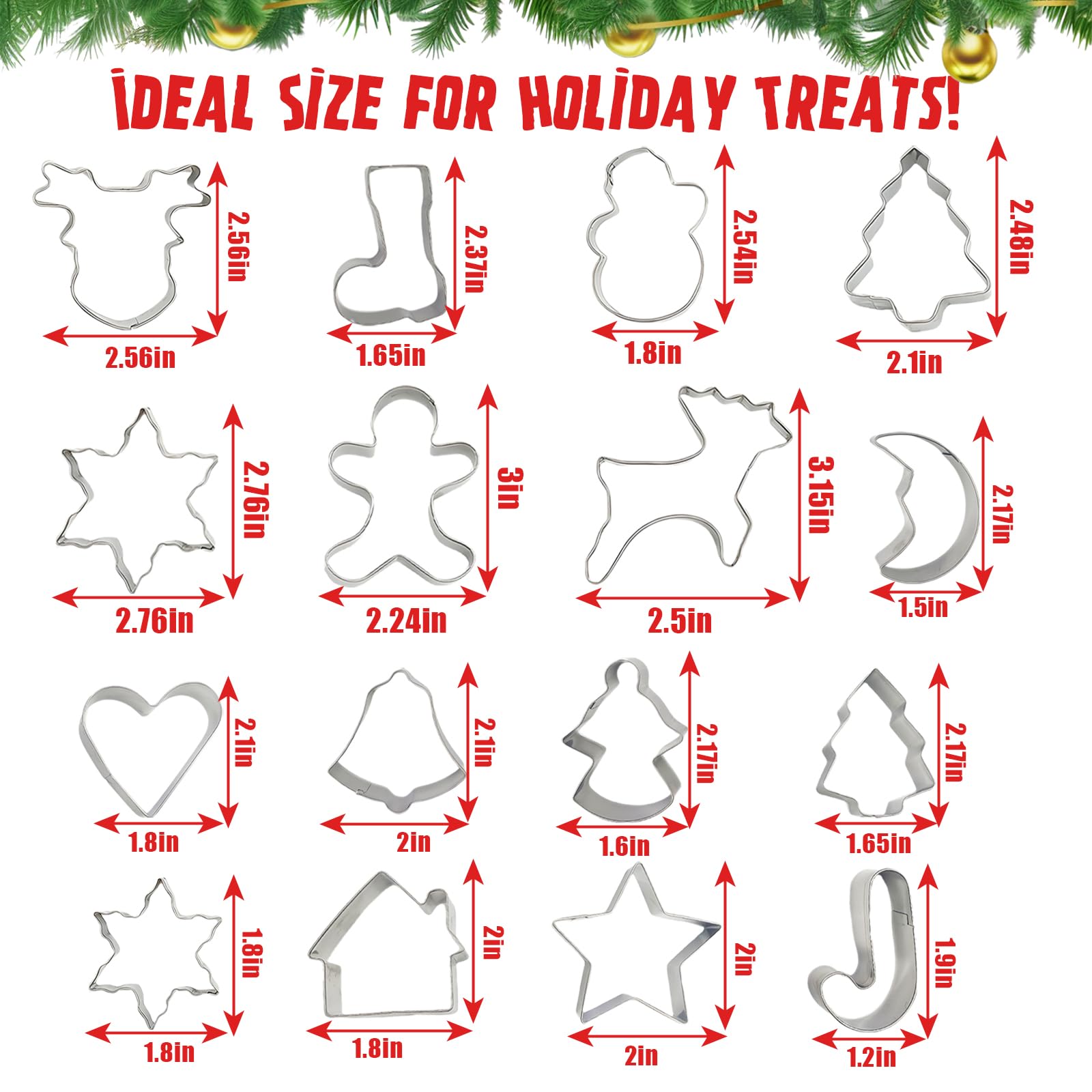 Lot de 16 emporte-pièces de Noël en acier inoxydable (bottes, cloches, sucre d'orge, arbres, etc.) pour décoration de pâtisserie, biscuits, fondant, pain d'épices, idées cadeaux de vacances