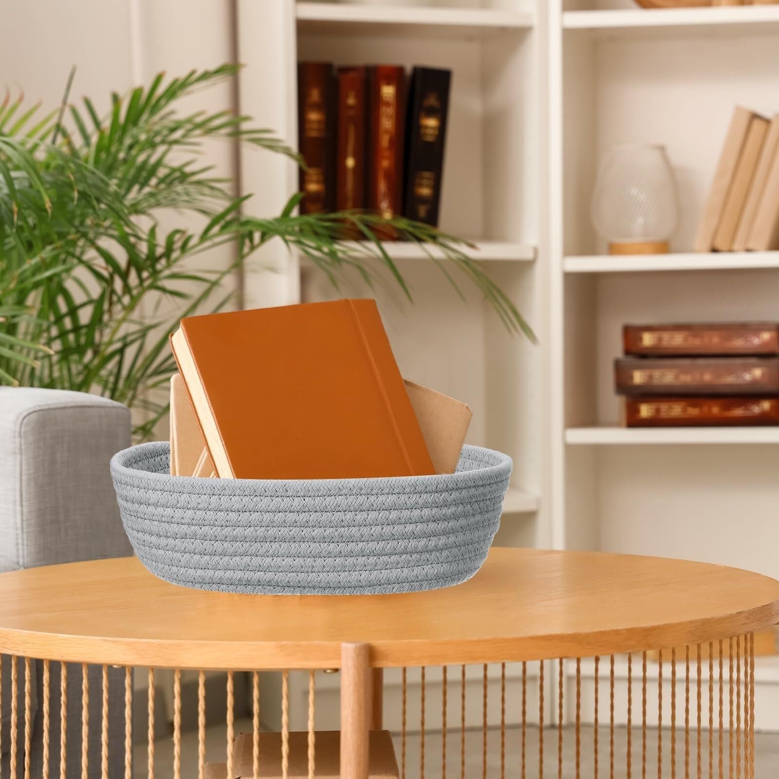 Cesta almacenaje ovalada cuerda algodón blanca 26x8 cm plegable