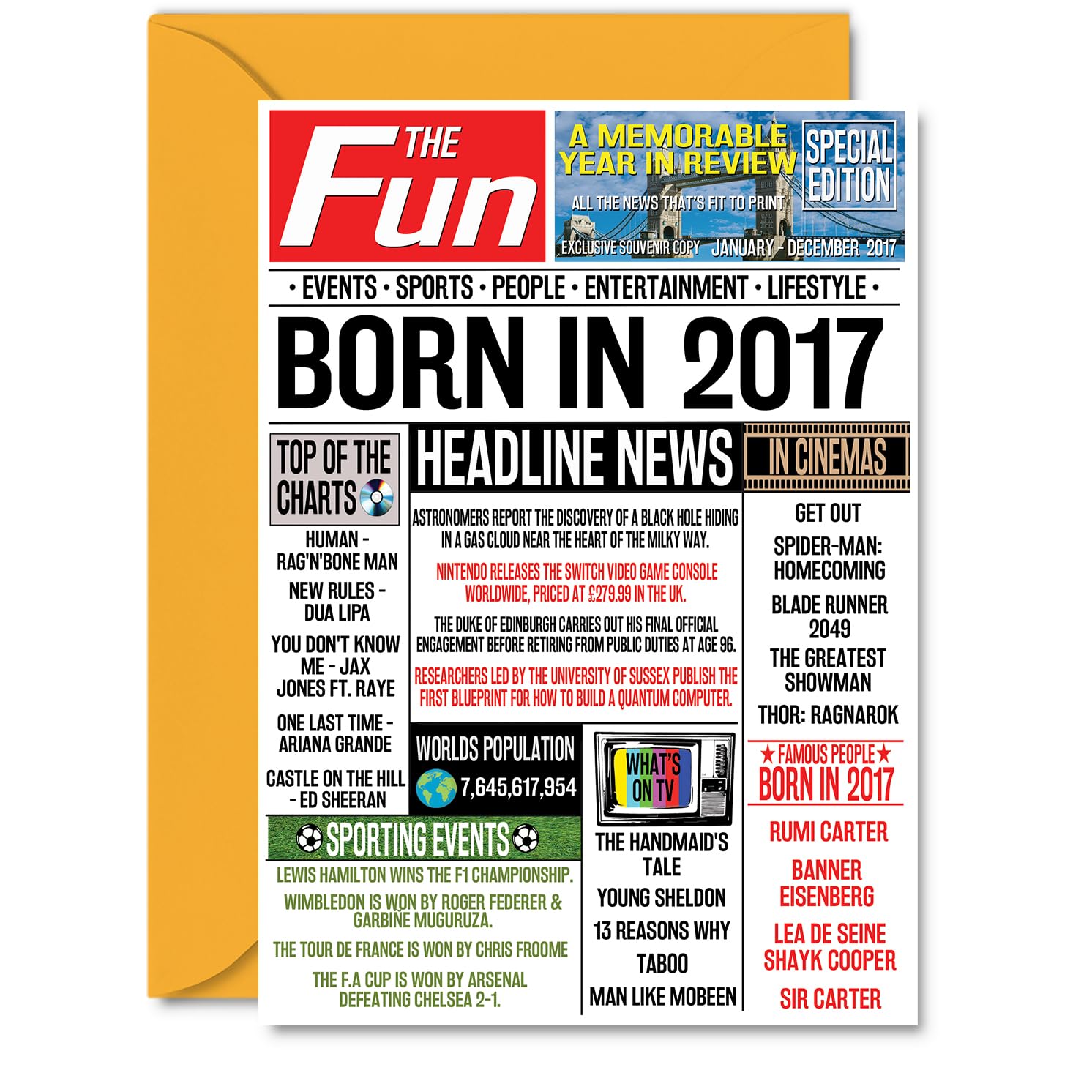 9th Birthday Card for Girls Boys - Born In 2017 Newspaper - Happy 9 Birthday Cards for Cousin Grandson Brother Daughter Nephew Granddaughter, A5 Bday Greeting Cards