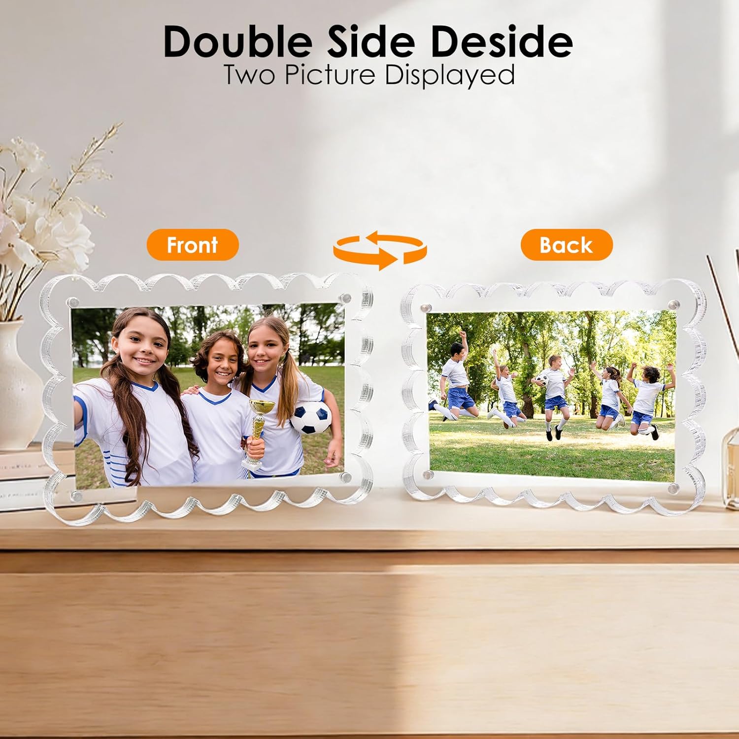 3 Pack Acrylic 4x6inch Magnetic Picture Frame,Double Sided,10+10mm Thick Block,Picture Frames Acrylic Photo Scalloped Frames Freestanding Gifts for Desk,Fridge, Locker,Office Cabinet(Clear,4x6)