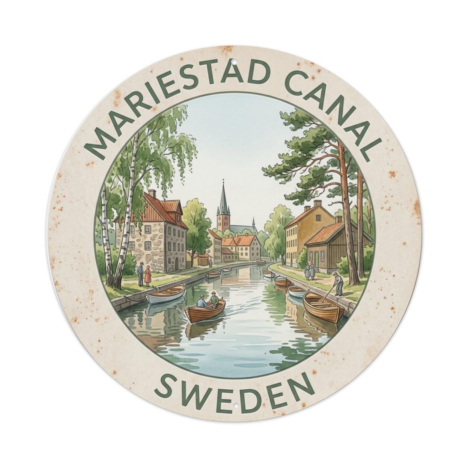 Vintage Travel Mariestad Sweden Canal Metal Tin Sign