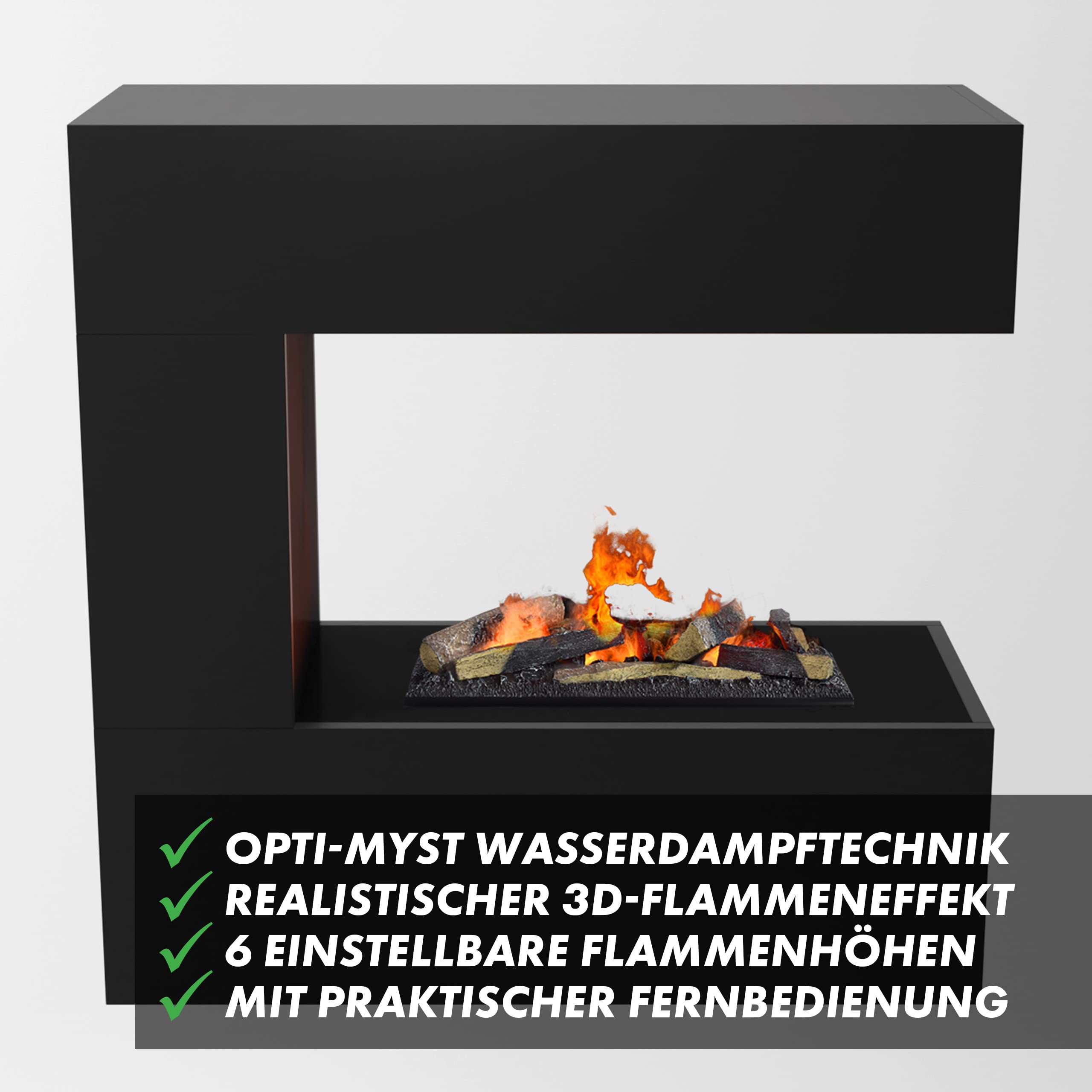 GLOW FIRE Wasserdampf Kamin Schiller (Wandkamin) - Elektrokamin für die Wand mit realistischen LED 3D-Flammen, Knistereffekt & Fernbedienung, 90x90x37 cm, Opti-Myst 400 mit Holz-Deko, Grau
