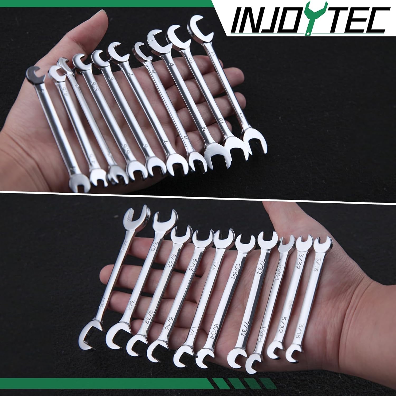 Super-Thin Mini Double Open End Wrench Set - 20-Piece SAE & Metric Sizes 4mm-11mm 5/32"-7/16" with Organizer Bag
