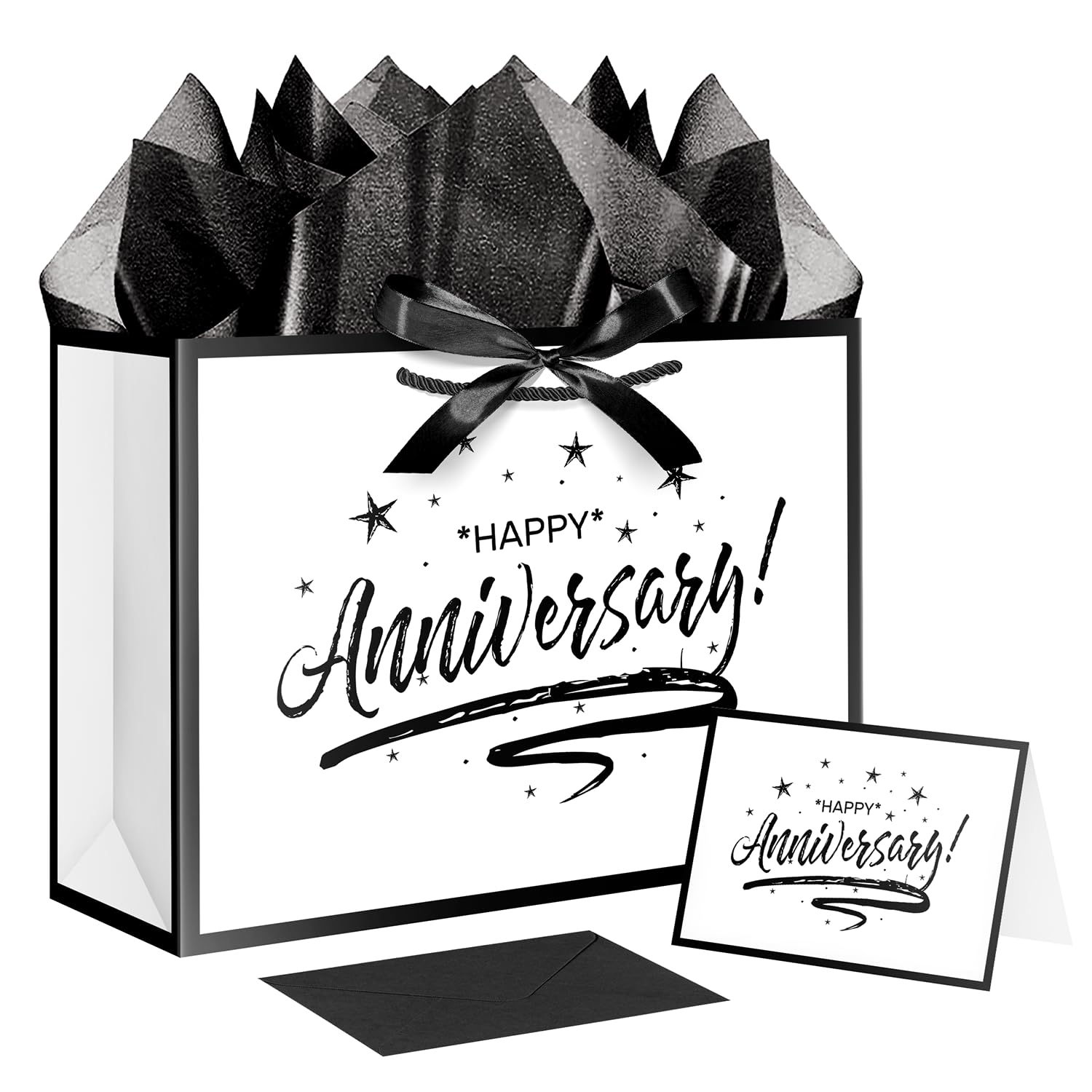 XiaosRen Extra Large Happy Anniversary Bag with Tissue Papers and Card, White Black Gift Bag with Ribbon for Men Women Anniversary Party Supplies (17" Star)