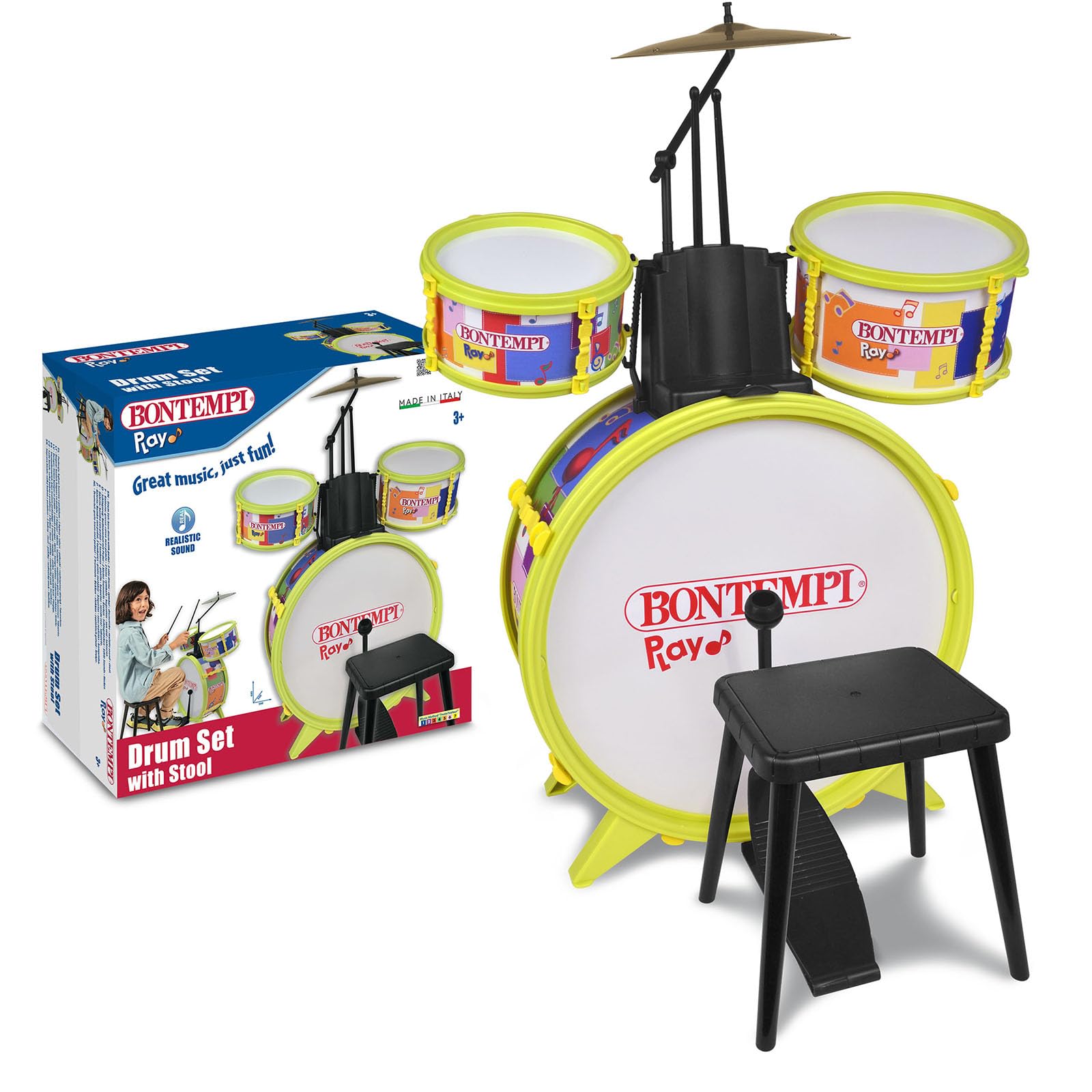 Bontempi | BeatMasterPro - Batteria Classica a 4 Elementi, con Sgabello e Due Bacchette per un'Esperienza Indimenticabile, giallo, 68x50x50 cm