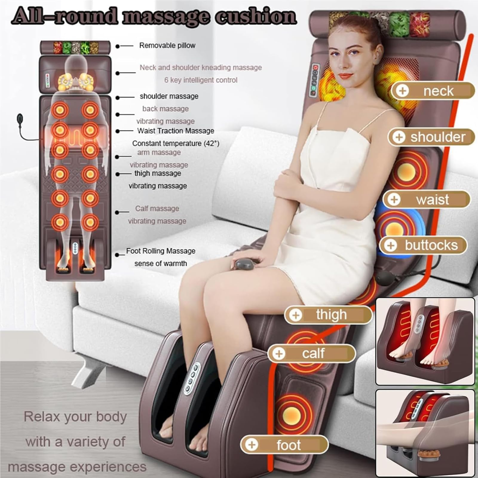Shiatsu - Cuscinetto massaggiante per tutto il corpo con massaggiatore per piedi e calore, cuscino riscaldato per schiena, vita, gambe, rilassamento muscolare