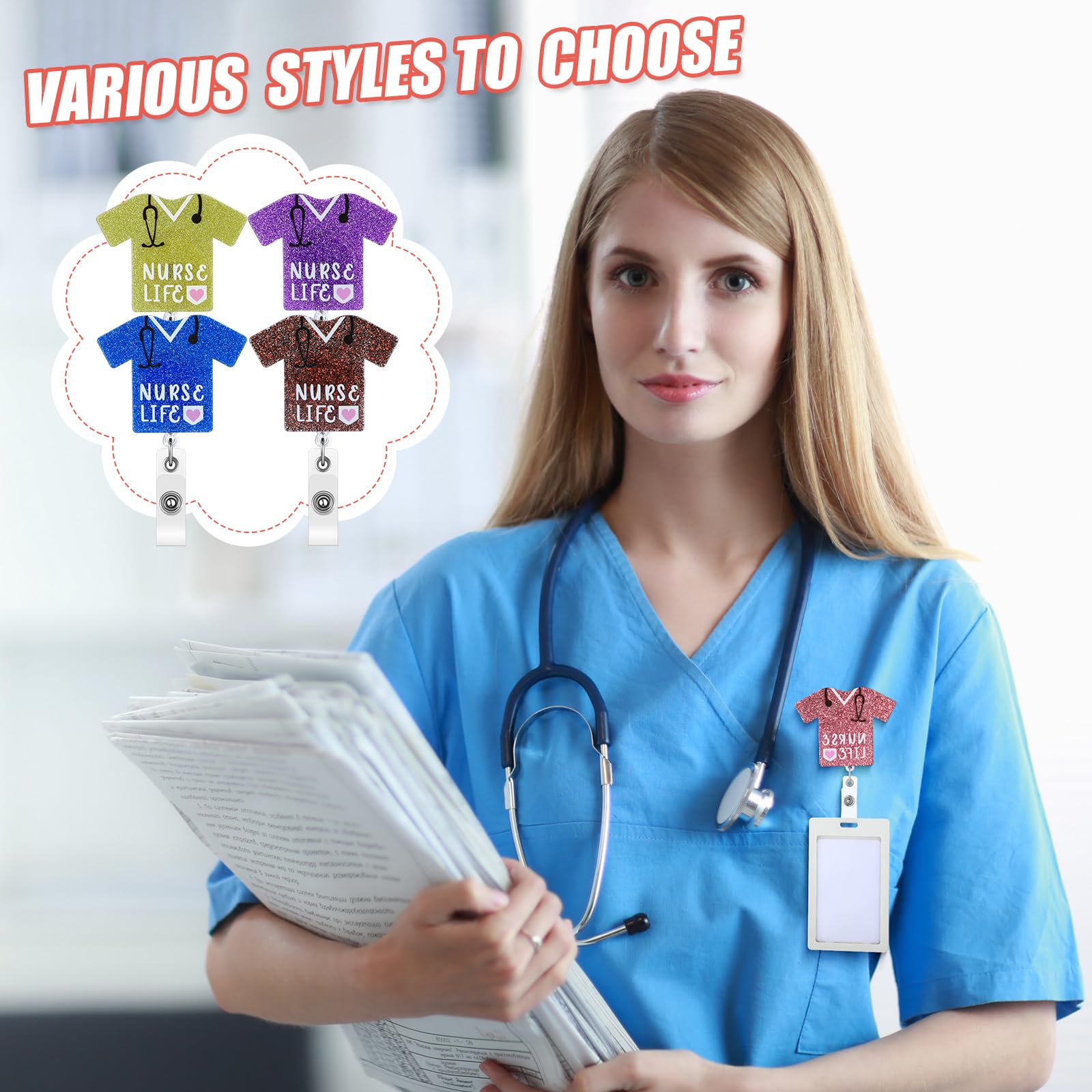 Ireer 18 Pcs Nurse Badge Reels - Cute Retractable ID Holder With Alligator Clip & Glitter Designs - View #9