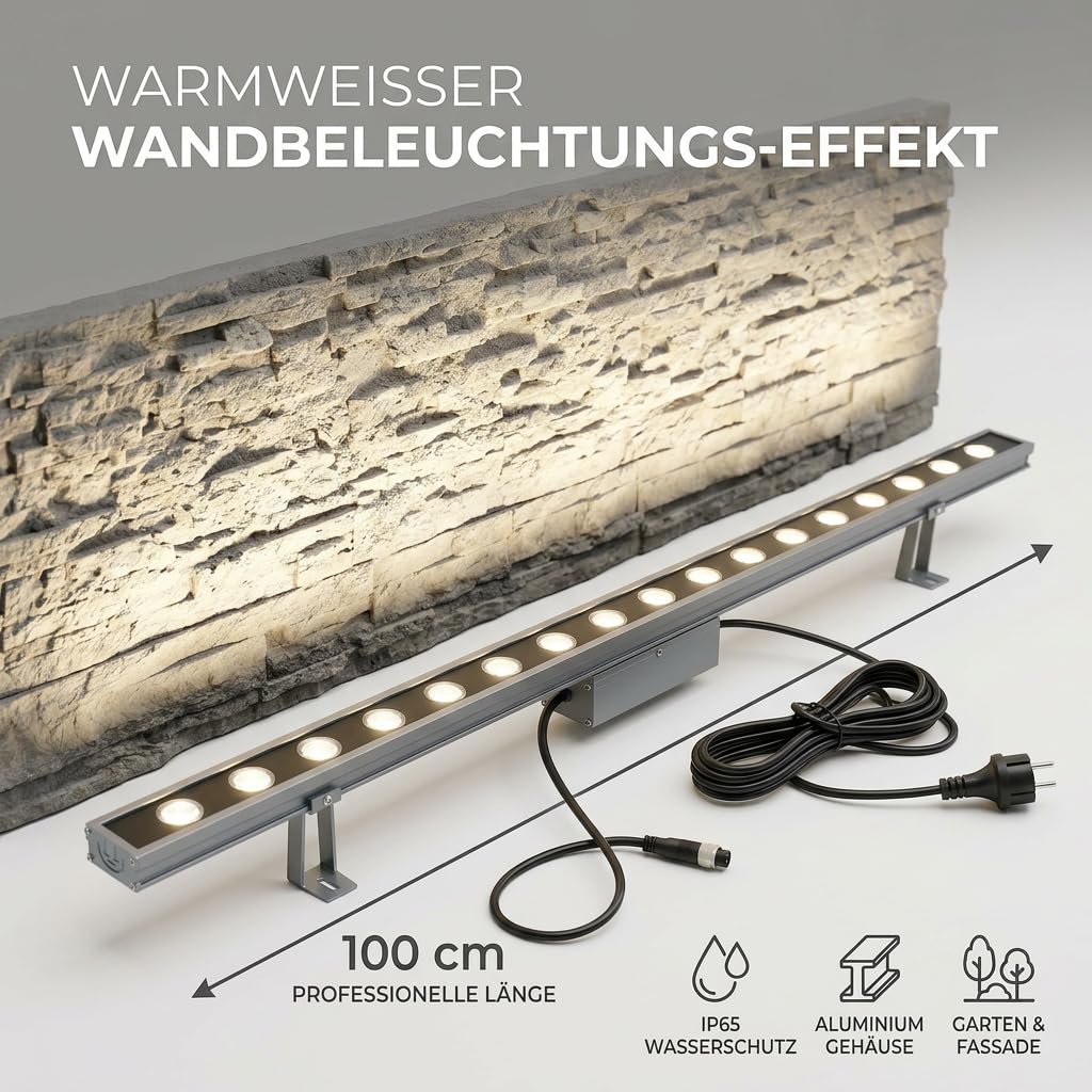 Arnusa LED Wallwasher 100 cm mit Stecker, 18 W warmweiß 3000 K, IP65 Outdoor Wandstrahler aus Aluminium, erweiterbare Fassadenbeleuchtung für Mauer, Zaun, Garten & Terrasse