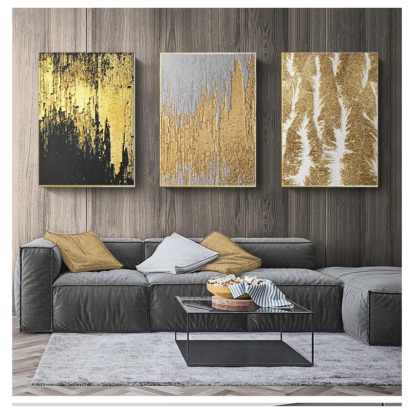 Cuadro abstracto negro dorado para salon y dormitorio moderno tripitico de lienzo