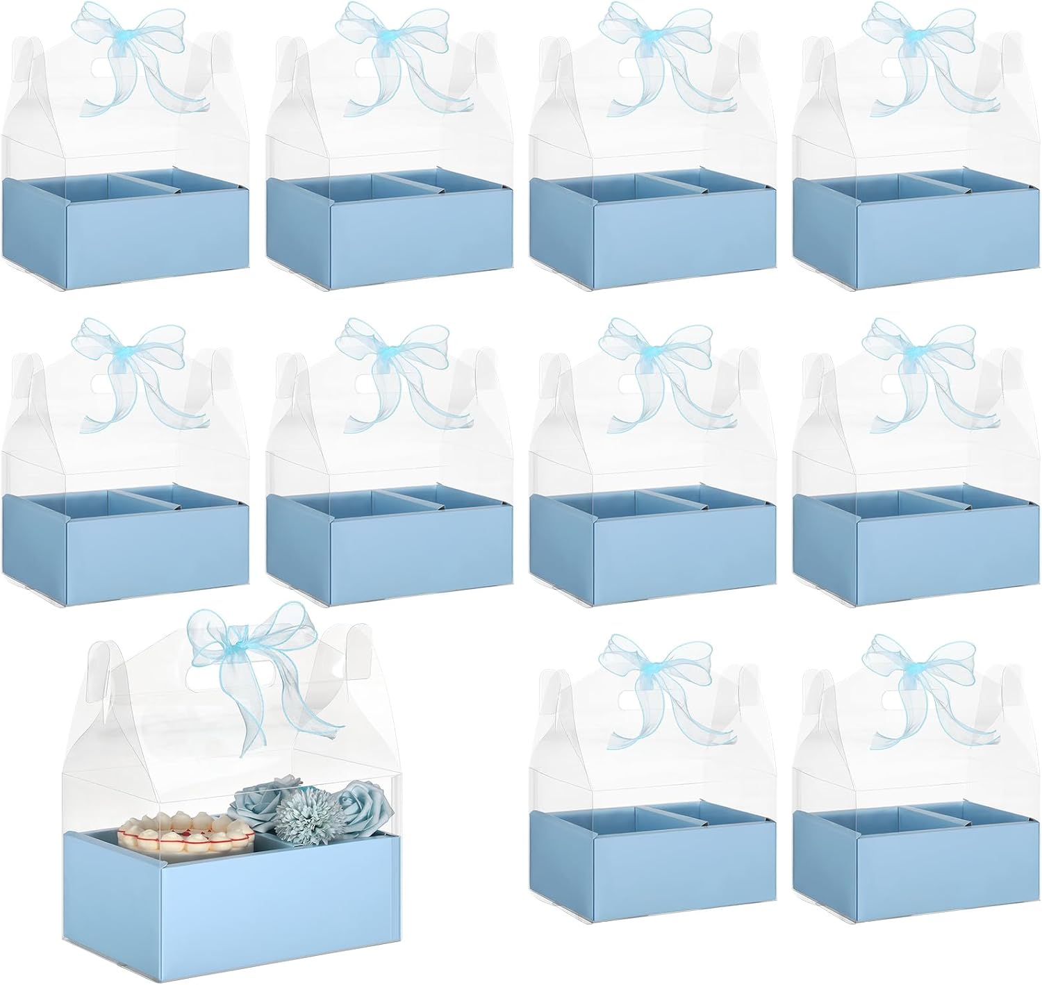 Honeydak 10 Pcs Cake and Flower Clear Boxes Mother's Day Portable Clear Gable Box with Handle Ribbon Transparent Gift Packaging for Wedding Birthday Party Supplies 4-Inch Cakes(Regular,4 Inch,Blue)