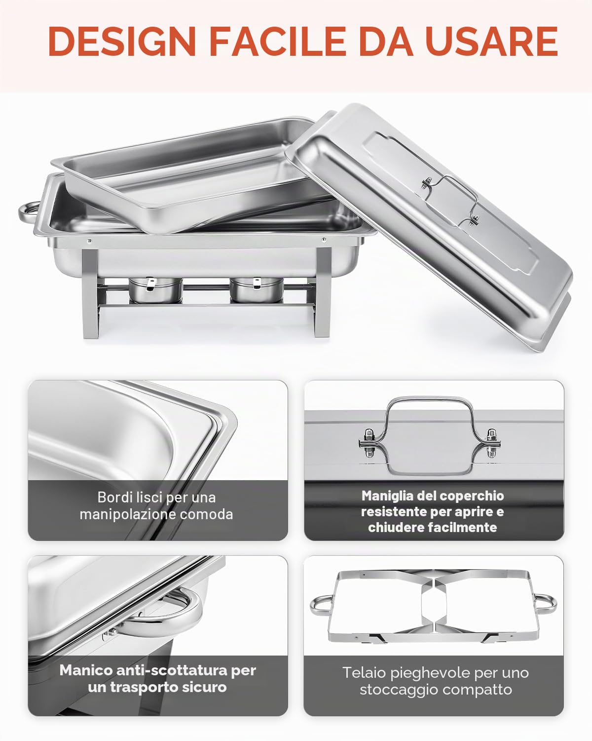 Wilprep 9L Chafing Dish Buffet Scaldavivande in Acciaio Inox Alimentare Pieghevole per Mantenere Piatti Caldi a Buffet, Feste e Servizi di Ristorazione (4 Pezzi)