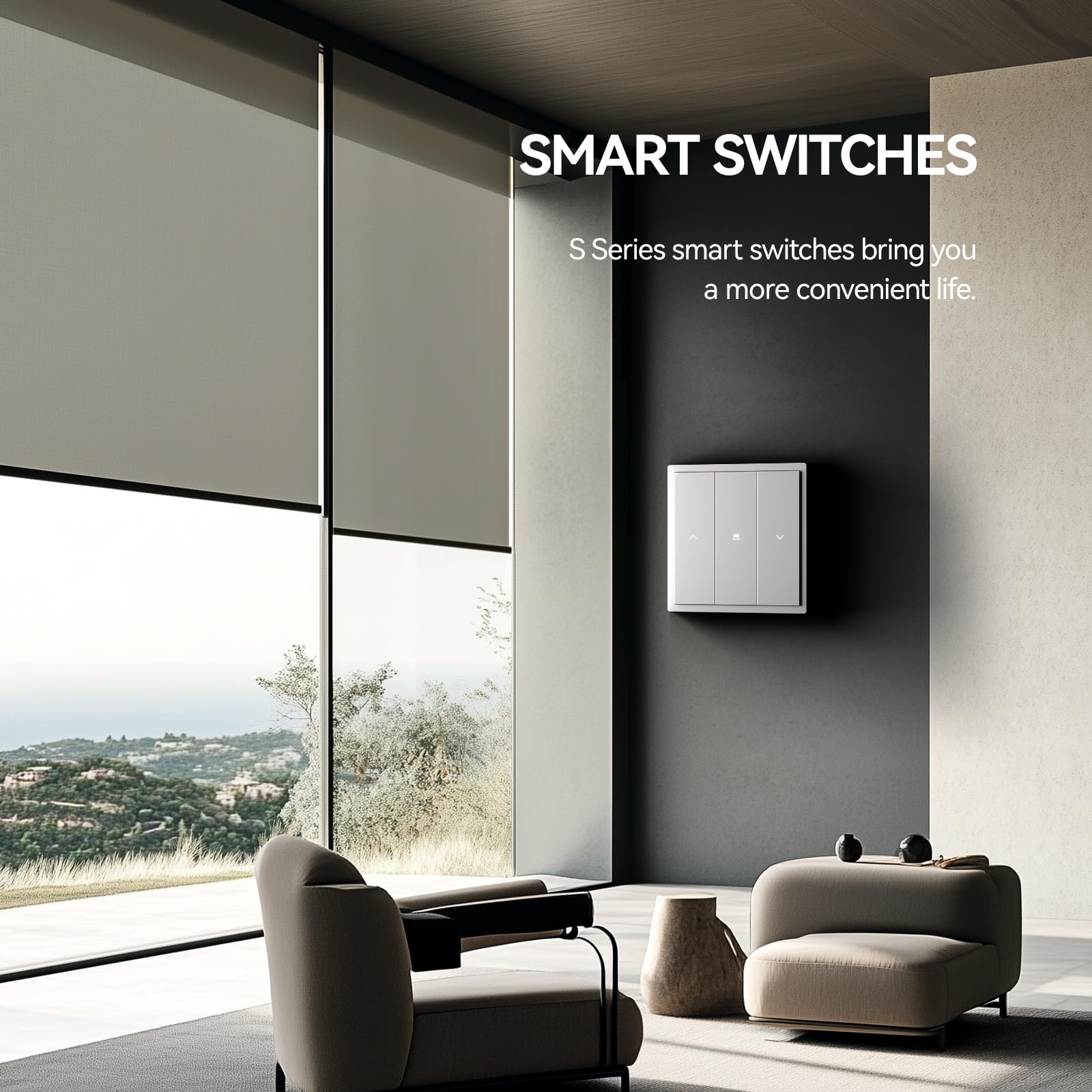 BSEED Interruttore intelligente per tapparelle, opaco, interruttore WiFi con spia di controllo, interruttore a incasso, serie S, 86 mm, bianco, confezione da 3