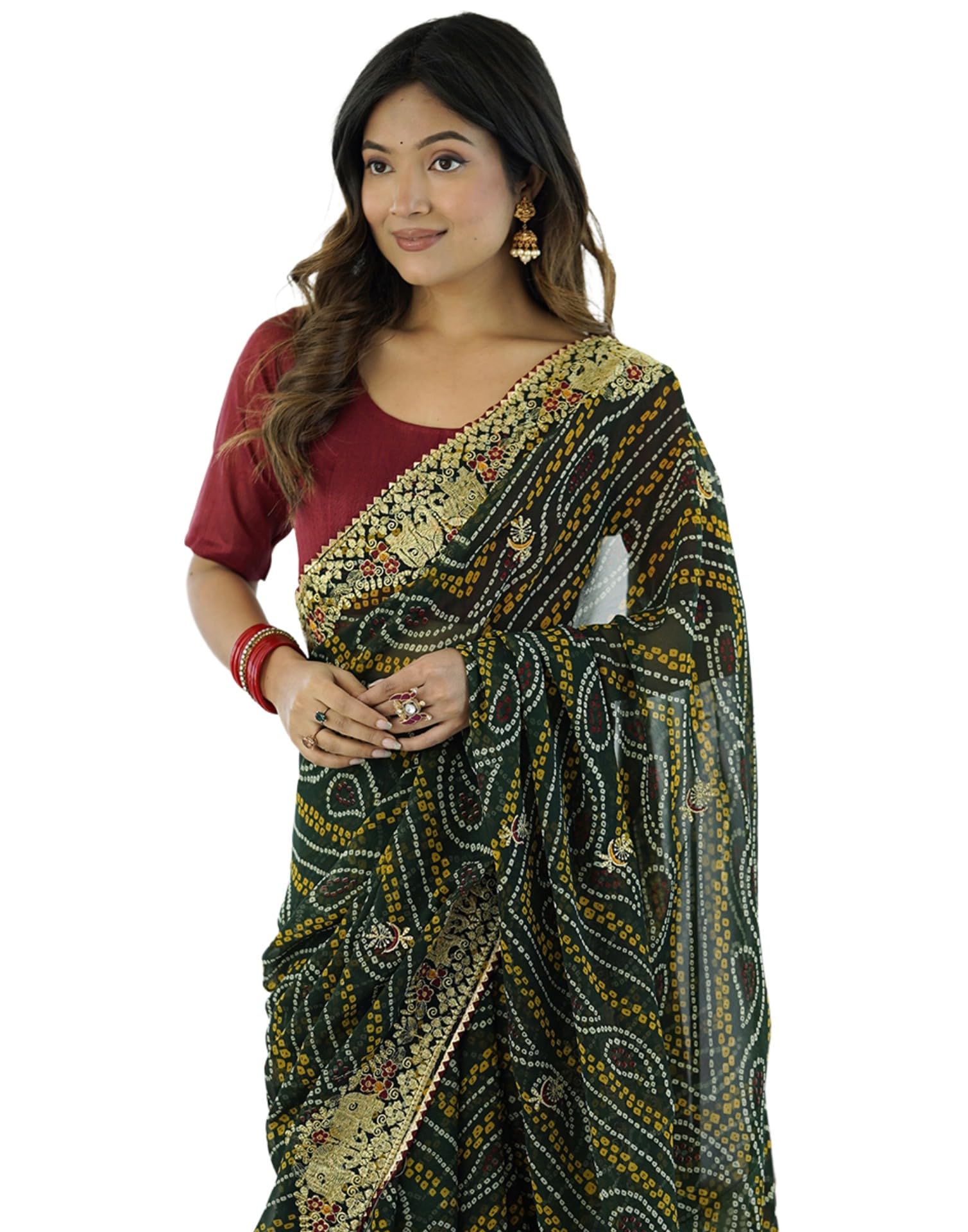 SIRIL Women's Georgette Bandhani Saree With Unstitched Blouse