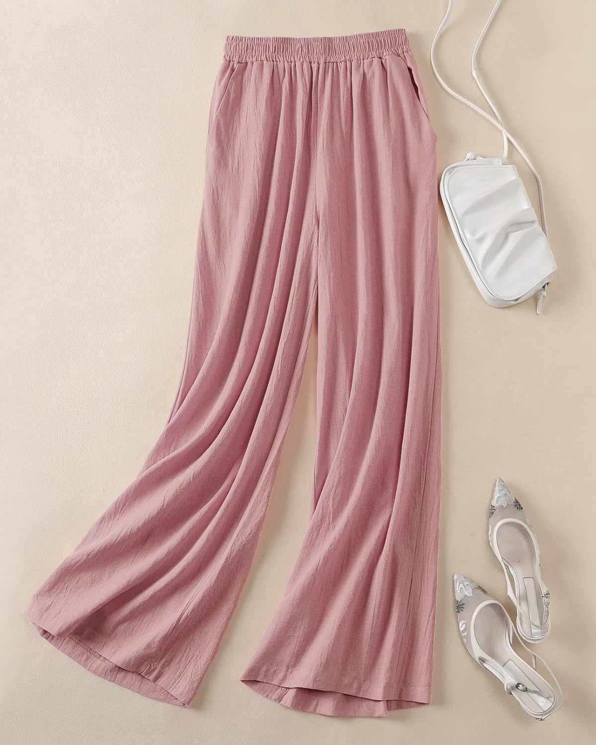 Womens Linen Pants High Elastic Waist Wide Leg Flowy Trousers Plus Size with Pockets Pink 3XL - Image 3