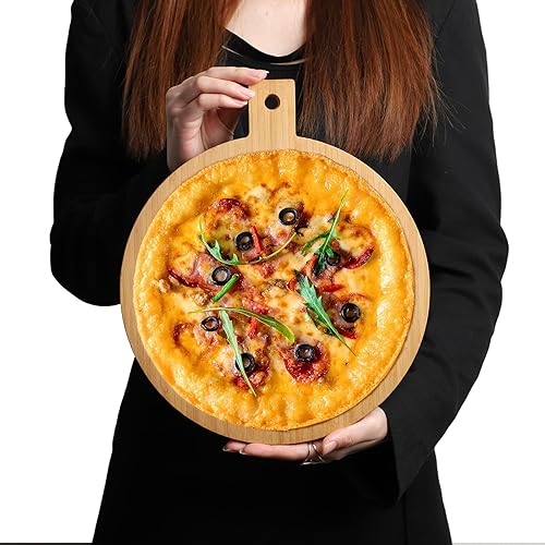 Miniatura 7 de BAMOTTO Tabla de cortar redonda de bambú con asa, bandejas de pan de pizza y galletas de aperitivos, tabla de charcutería, tabla decorativa para