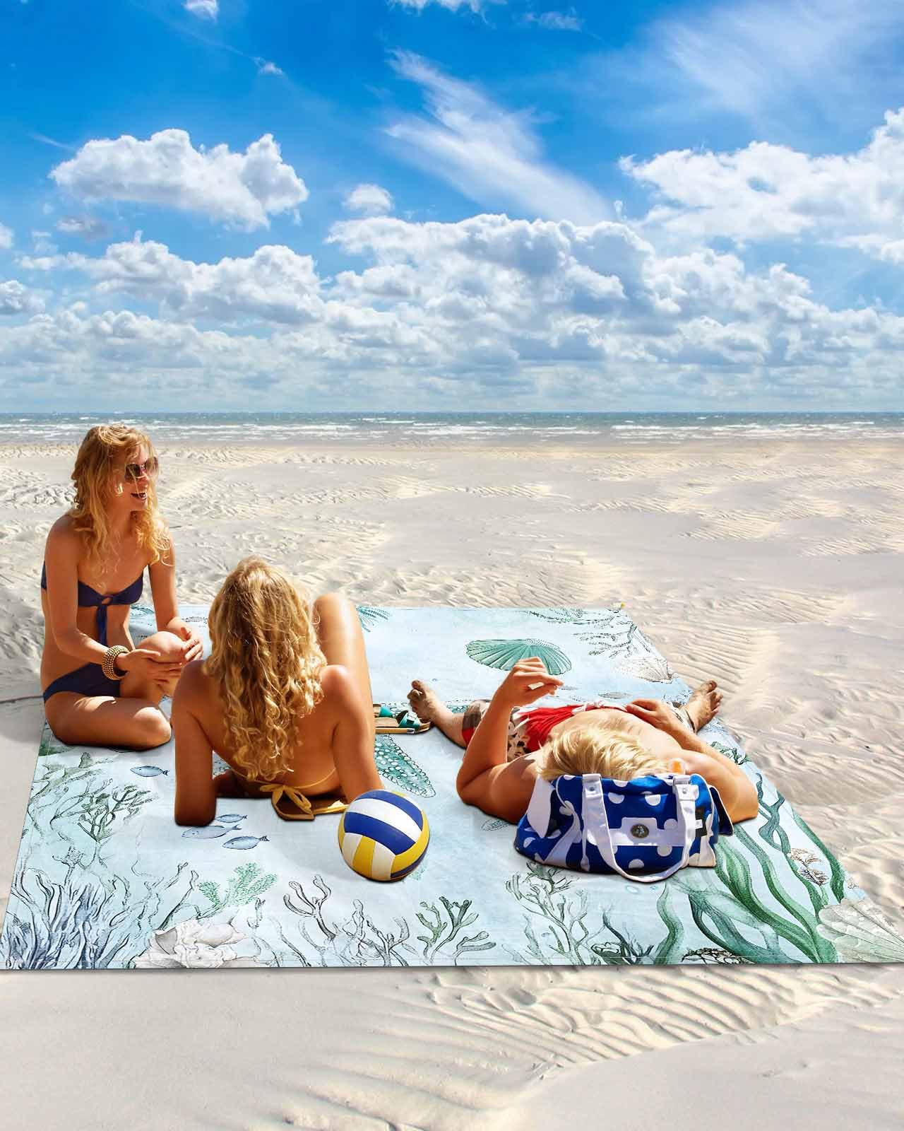 Beach Blanket Sandproof Waterproof Picnic Blankets Nautical Teal Starfish Fish Shell Extra Large Lightweight Outdoor Beach Mat with Corner Pockets for Travel/Camping/Hiking Seaside Coral Seaweed
