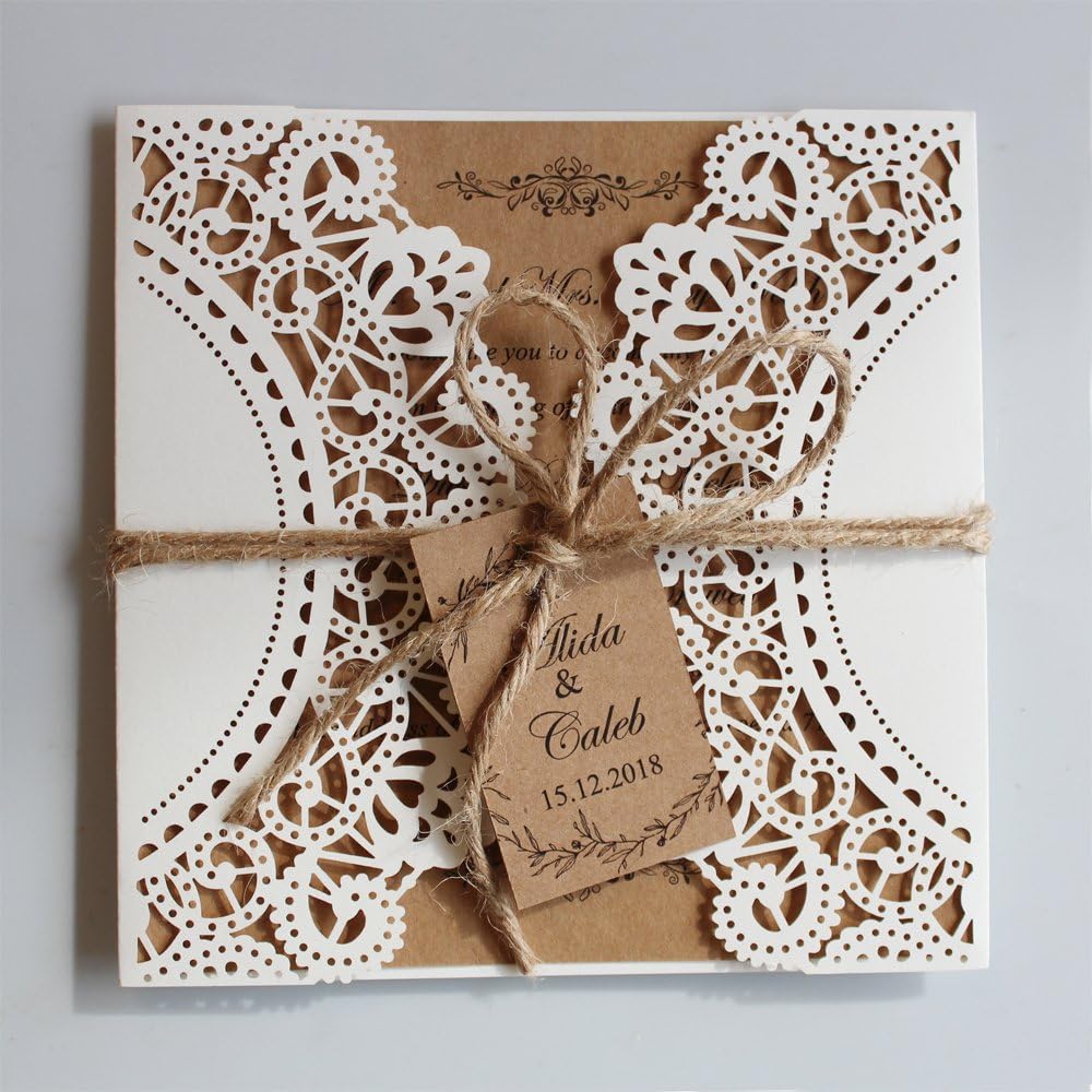 Personalized Rustic Wedding Invitations with Monogram Tag Wedding Invitation Cards Print Customized Wording - set of 50