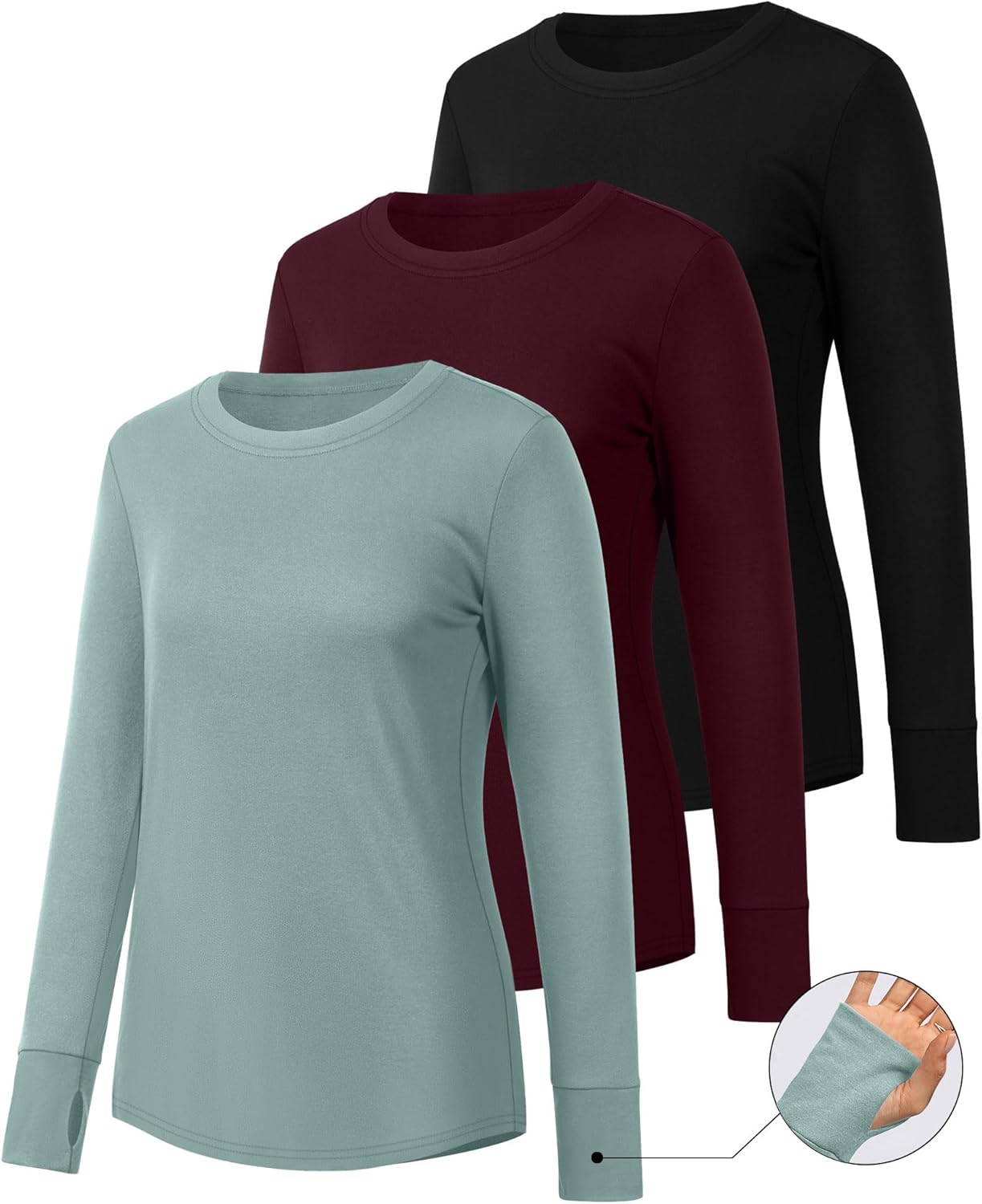 Huukeay 3 Pack Women's Long Sleeve Shirts with Thumb Holes, Cotton Casual Crew Neck Tunic Tops Fall Loose Y2k Trendy Outfits - Image 3