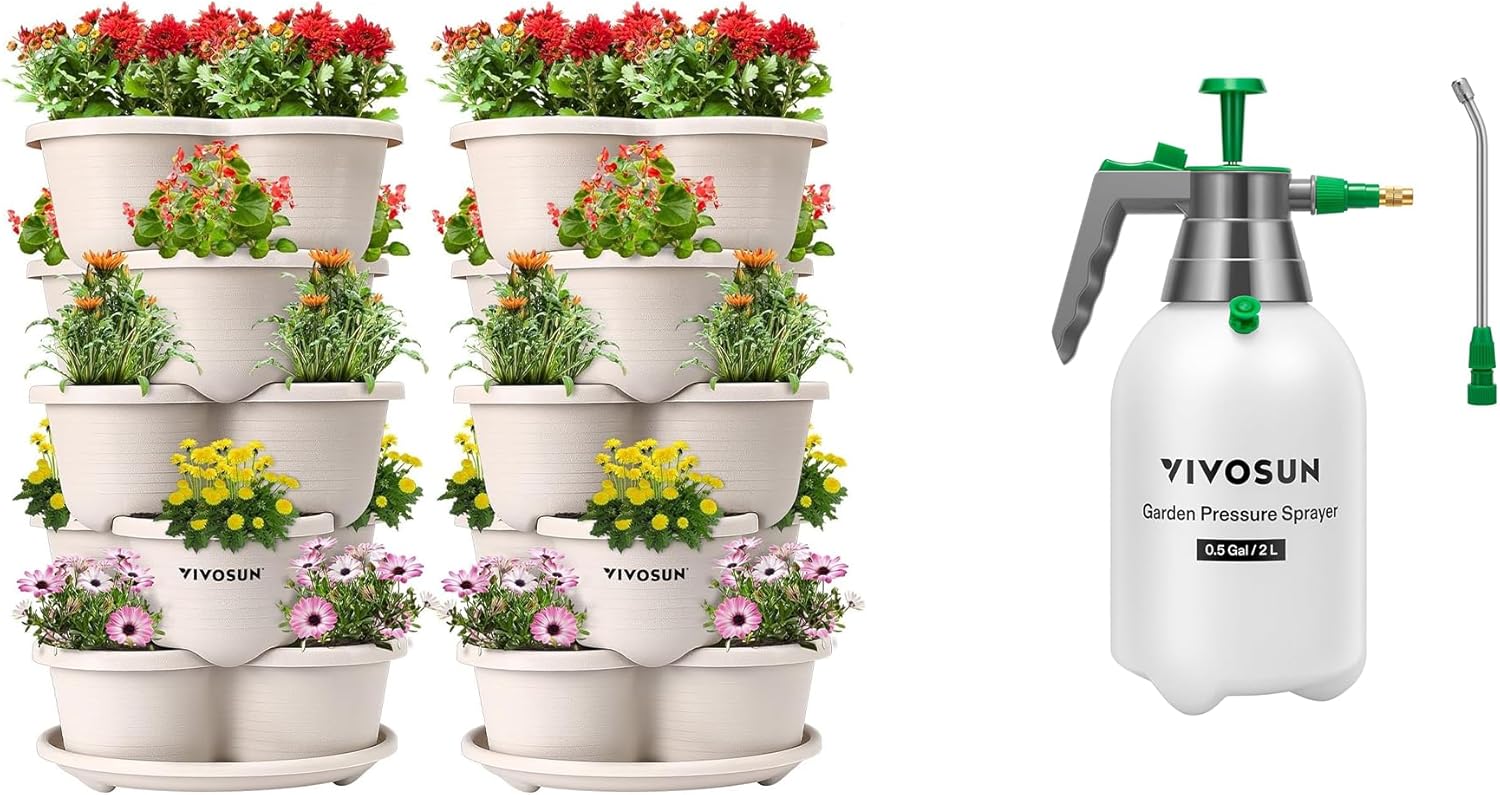 VIVOSUN 2-Pack 5 Tier Vertical Gardening Stackable Planter and 0.5Gal Handheld Garden Sprayer, 2L Pump Sprayer, 68 Oz Water Spray Bottle with Safety Valve, Adjustable Nozzle, Extended Spray Ro