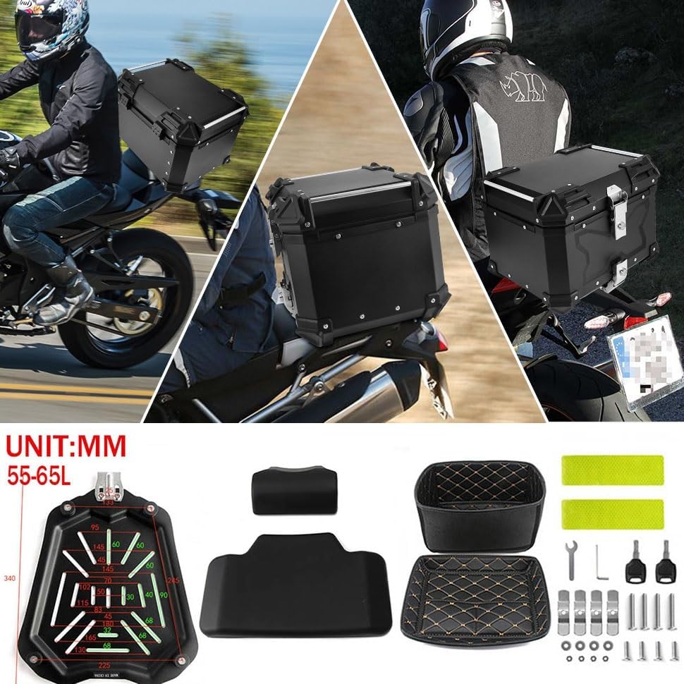 Miniatura 4 de Maleta superior de aluminio para motocicleta, 45, 55, 65L, caja superior de motocicleta, maletero con cerradura con respaldo, placa base (color