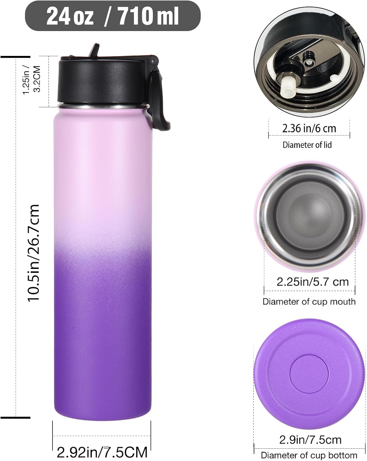 Volhoply 24 Ounce Insulated Water Bottle with Straw Lid,Stainless Steel Wide Mouth Sport Bottles with Handle,Double Wall Vacuum Cups Keep Cold,Reusable Travel Thermal Cups For Holder(Lavender,1) - Image 2
