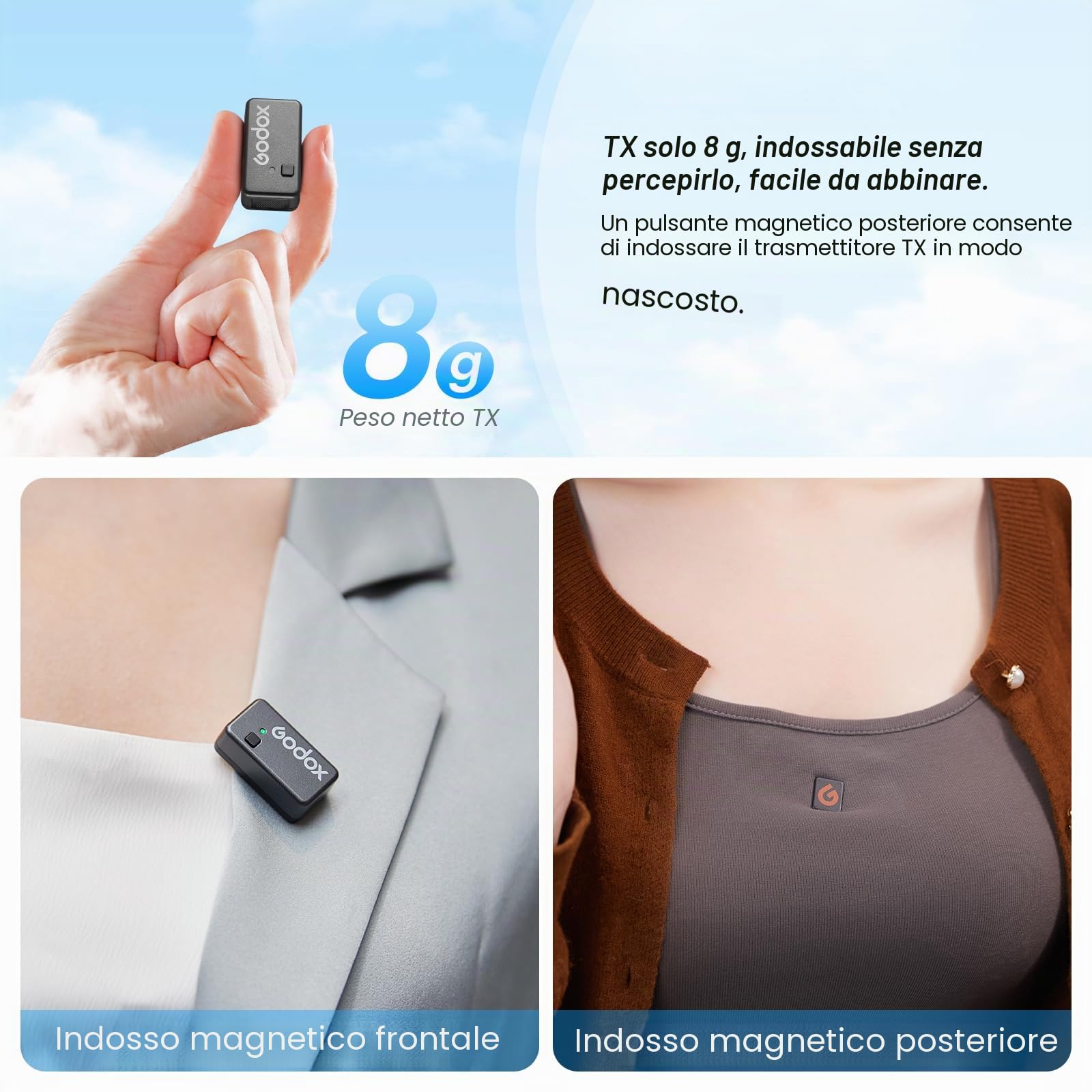 Godox Magic XT1 - Microfono wireless (2TX+1RX) per fotocamera, smartphone USB-C, 48 kHz/24 bit 200 m, mono/stereo/traccia di sicurezza, riduzione del rumore, microfono lavalier, touch screen per