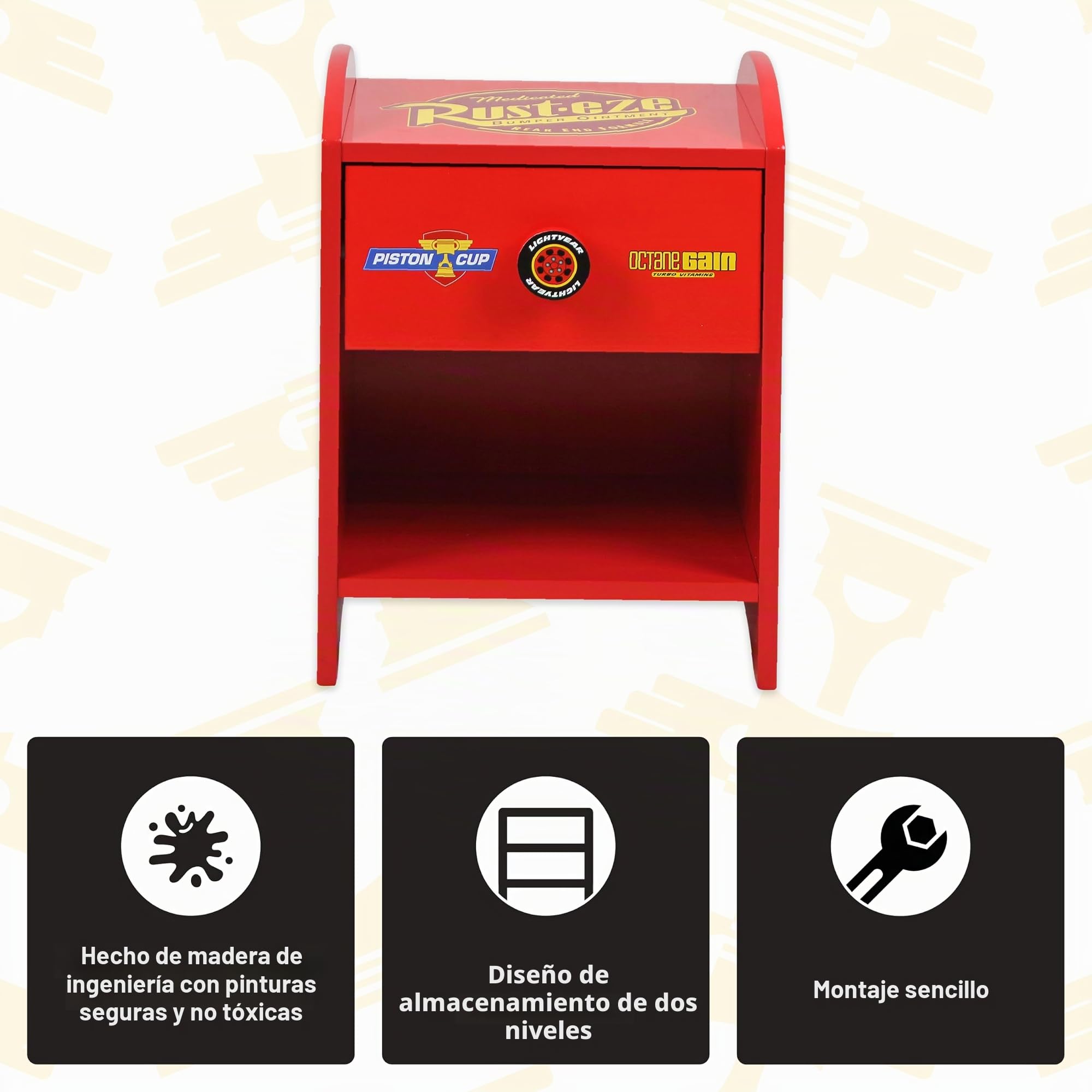 Disney Cars Rayo McQueen Mesita de noche de madera resistente, diseño de 2 niveles, gran almacenamiento, pequeña mesa auxiliar con cajón y estante de almacenamiento, para dormitorio infantil