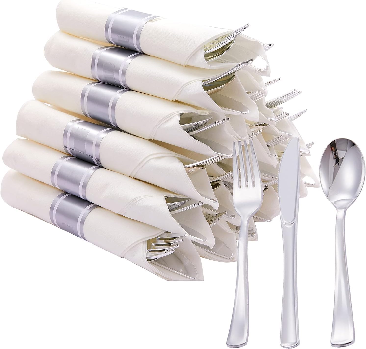 Disposable Cutlery Set with Pre-Rolled Napkin, 7.87 inch Knife, 7.4 inch Fork, 6.89 inch Spoon, Stainless Steel