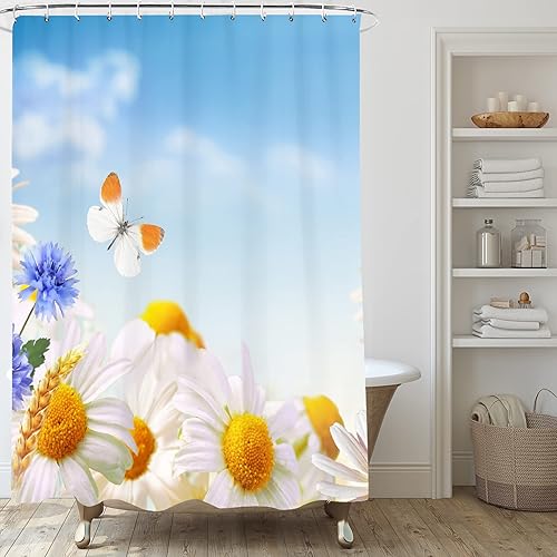 Miniatura 3 de Cortina de ducha con margaritas, juego de cortina de ducha con diseño floral de granja, cortinas de ducha rústicas de flores blancas para baño, tela