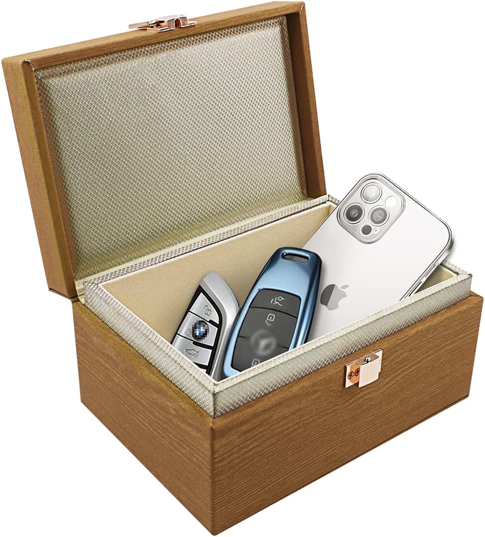 JXE JXO Faraday Box, 5.5x4.1x2.7 inches, RFID Signal Blocking Storage Box, Car Key Fob Protector, Modern Style, Imitation Wood, 1.3 lbs