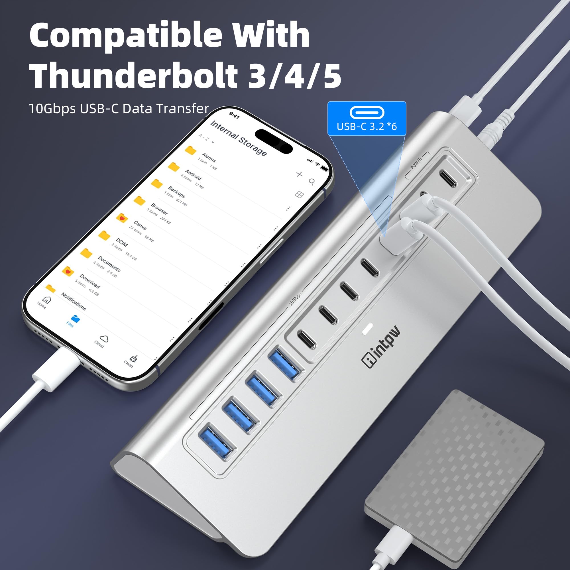 Hub USB alimentato da 10 Gbps, intpw 12 porte USB 3.2/USB C Hub (4 x USB-A 3.2 + 6 x USB-C 3.2 10 Gbps + 2 x porte di ricarica rapida PD 45 W), cavo da 0,9 m, hub USB in alluminio per PC/laptop/iPhone