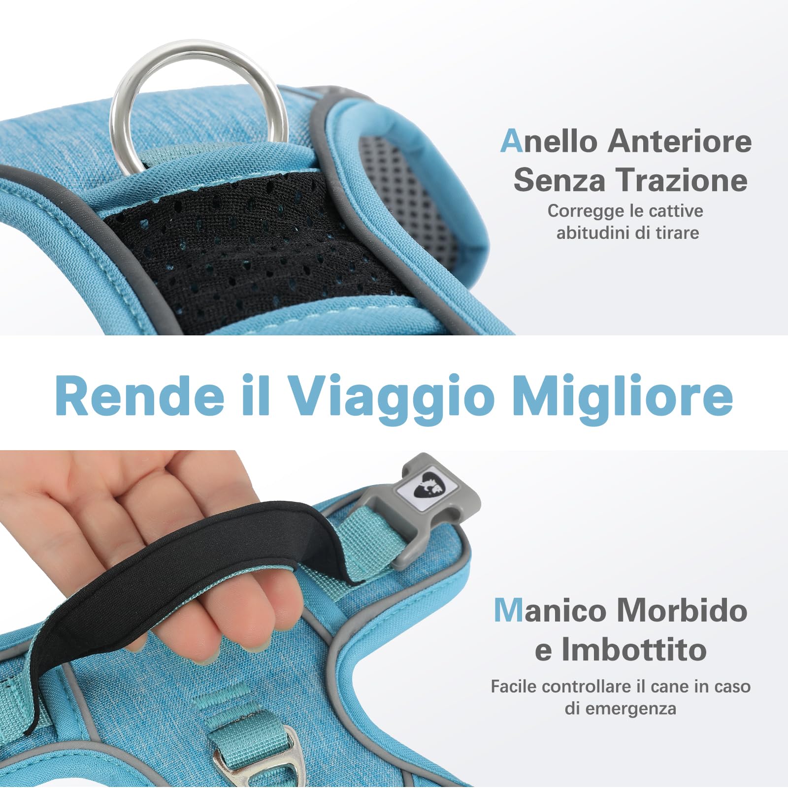 COMSLE Pettorina Cane Taglia Grande Media Piccola, Pettorina Cane ad h Riflettente, Pettorina Anti Tiro per Cani Regolabile con Doppio Anello, Imbracatura Cani Traspirante, Blu Chiaro, M