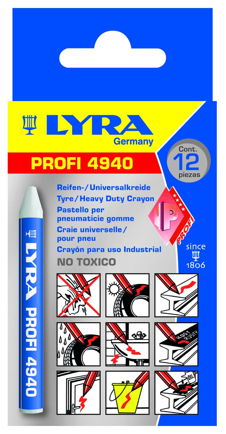 L4940001, LYRA 4940 Reifen-/Universalkreide MARK-ALL für professionelle, wetterfeste Markierungen auf vielen Untergründen, Box mit 12 weißen Kreiden