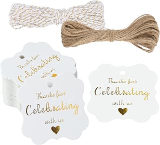 G2PLUS Thank You Tags, 100PCS Thank You for Celebrating with Us Tags, 2X2 in White Paper Gold Foil Gift Tag with String for Gift Wrapping, Wedding, Anniversary, Baby Shower Party Favors