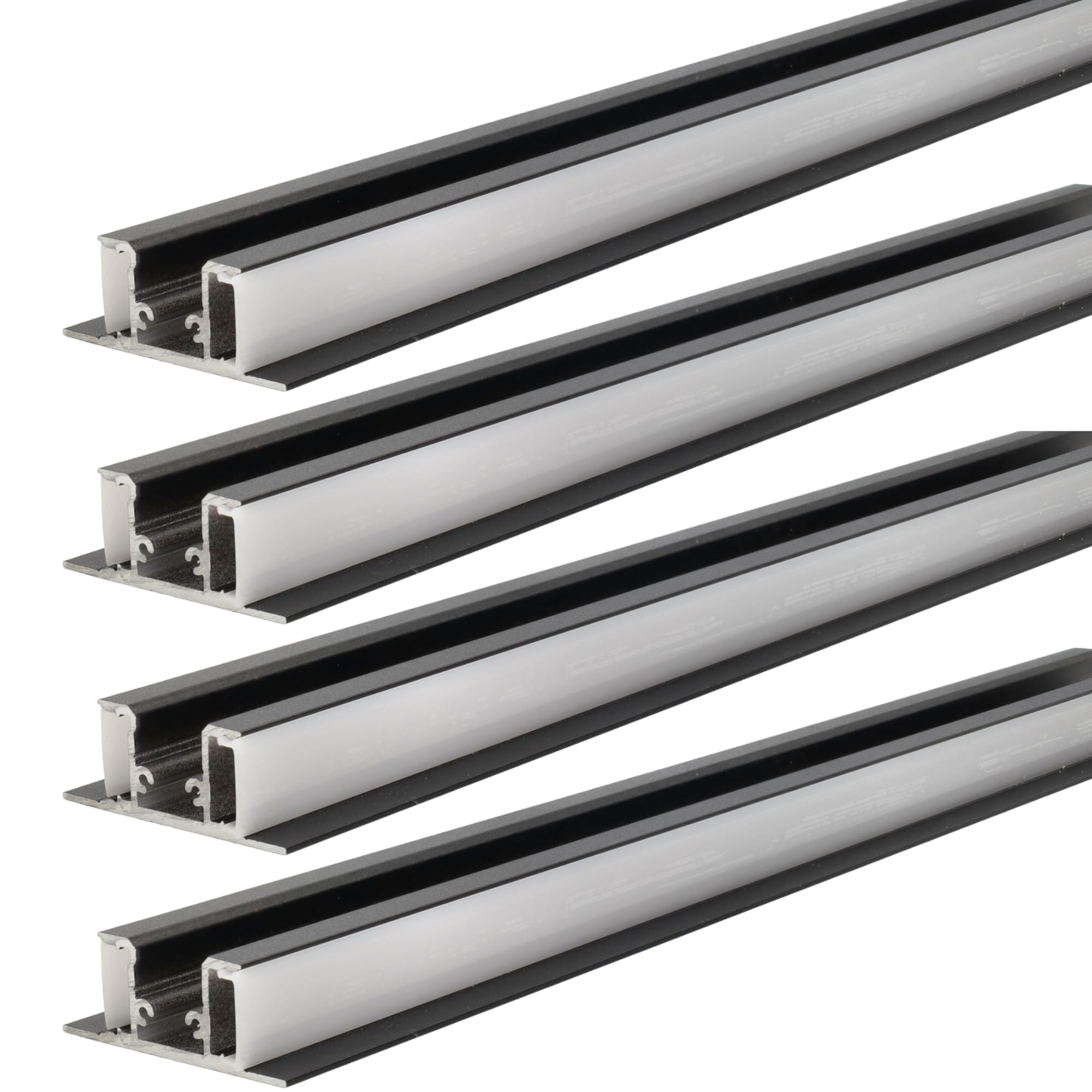 Jandei - Confezione da 4 profili Led Alluminio Nero 1 Metro per Montaggio a Doppia Striscia Led in Superficie, Diffusore Opale Bianco Traslucido. Con tappi finali, viti e staffe di montaggio
