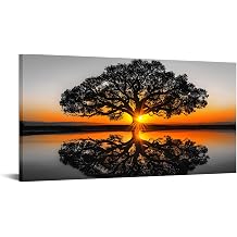 iKNOW FOTO Black and White Oak Tree Canvas Wall Art - 20x40 Natural Landscape Sunset Reflections, Gallery Wrapped Tree Painting for Living Room Home Decor, Ready to Hang Wall Decor